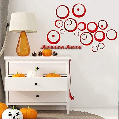 Atulya Arts Rings and dots Red Mirror Wall Stickers 3D Decorative Wall Stickers Acrylic Mirror Stickers for Hall decor Girls Room Bedroom (Red) - 30 Pieces