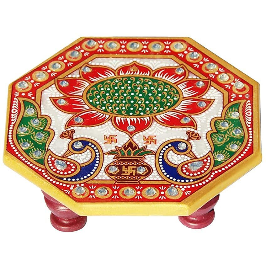 HOUSEHOLD HUB Handcrafted Marble Chowki for God Idol - Elegant Home Dcor | Octagonal Peacock Design | includes Free Golden Ganesh Ji Idol 3x2 Inch