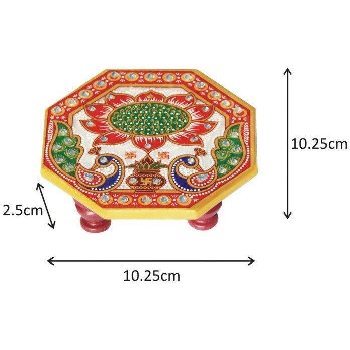 HOUSEHOLD HUB Handcrafted Marble Chowki for God Idol - Elegant Home Dcor | Octagonal Peacock Design | includes Free Golden Ganesh Ji Idol 3x2 Inch