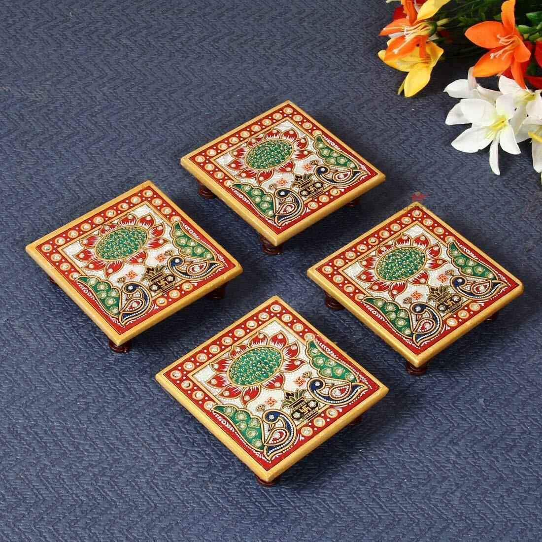 Household Hub Pack Of 4 Marble Chowki Multi Color Peacock Design Multicolor Handpainted Puja Mini Chowki For God Idol Decorative Piece For Home Office Decoration 4X4X1Inch Includes Free Ganesh Ji Idol