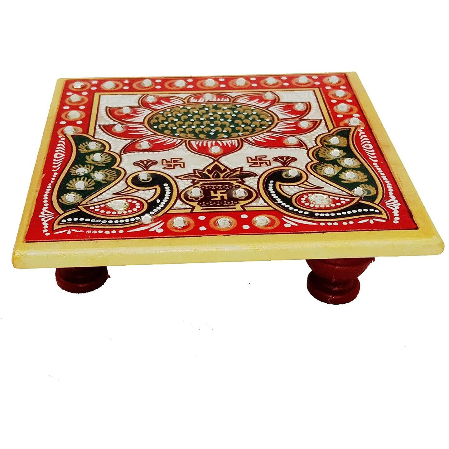 Household Hub Pack Of 4 Marble Chowki Multi Color Peacock Design Multicolor Handpainted Puja Mini Chowki For God Idol Decorative Piece For Home Office Decoration 4X4X1Inch Includes Free Ganesh Ji Idol