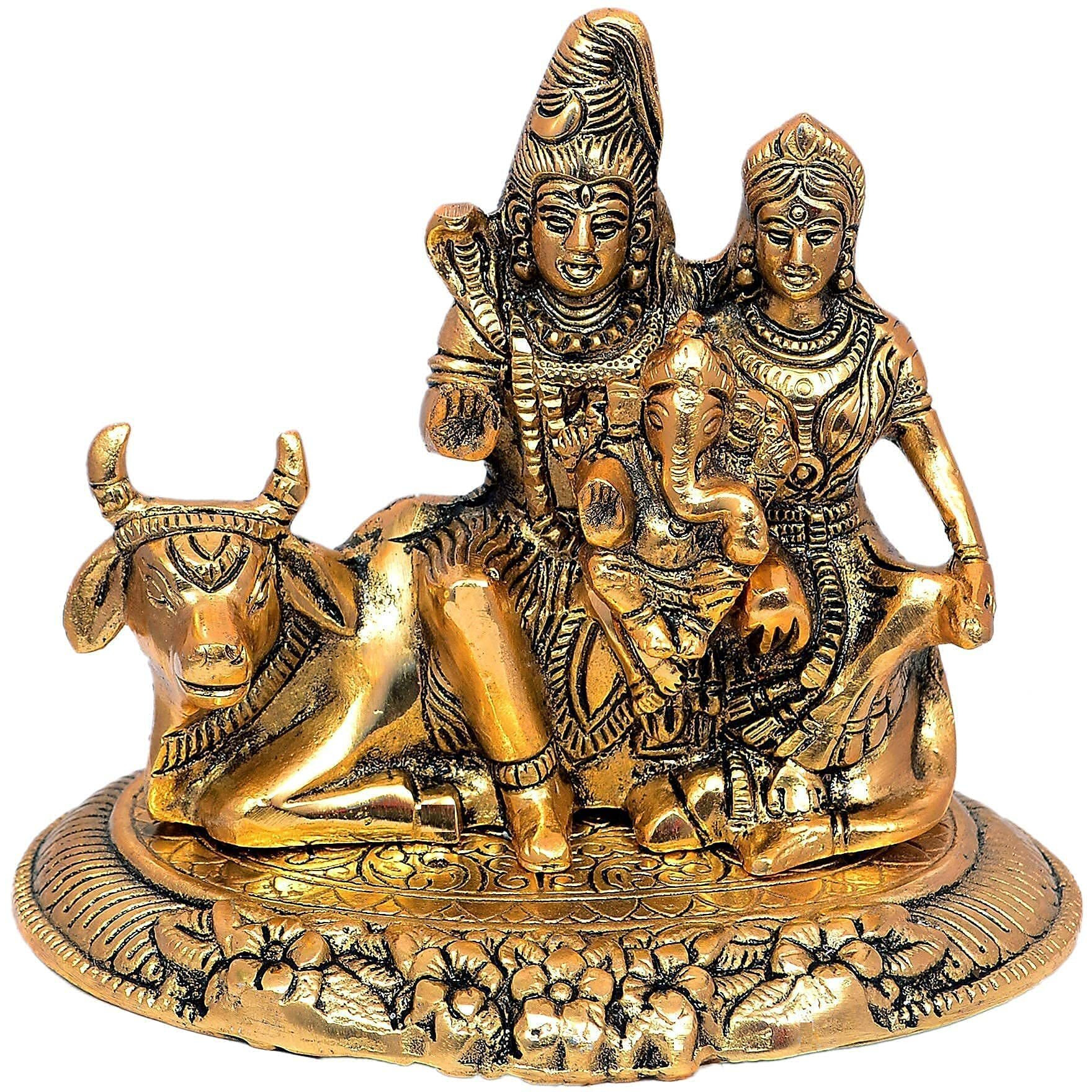 Nexplora Industries Pvt. Ltd. Metal Shiv Parivar Murti Figurine, Shiva Parvati Ganesh Nandi Idol Showpiece, Height 15 cm, Gold Antique