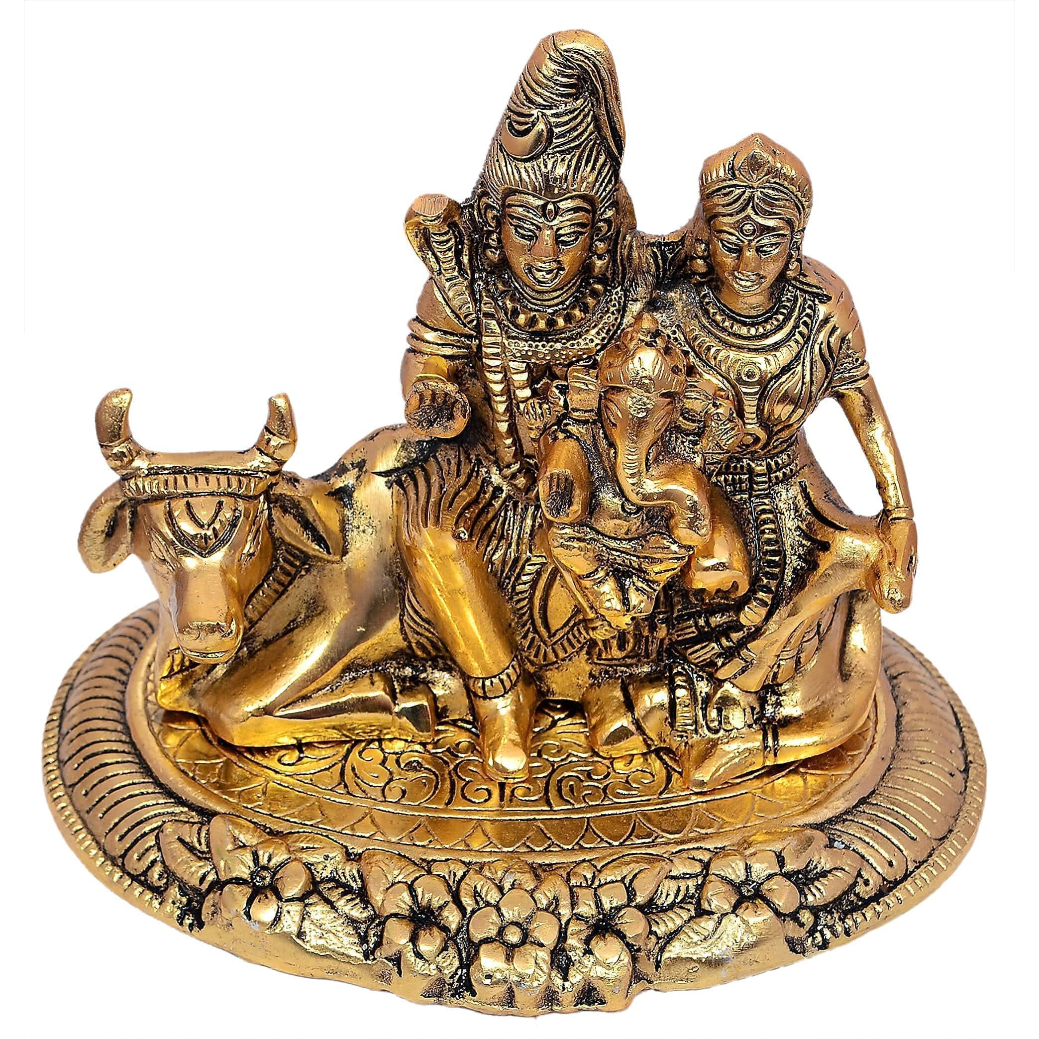 Nexplora Industries Pvt. Ltd. Metal Shiv Parivar Murti Figurine, Shiva Parvati Ganesh Nandi Idol Showpiece, Height 15 cm, Gold Antique