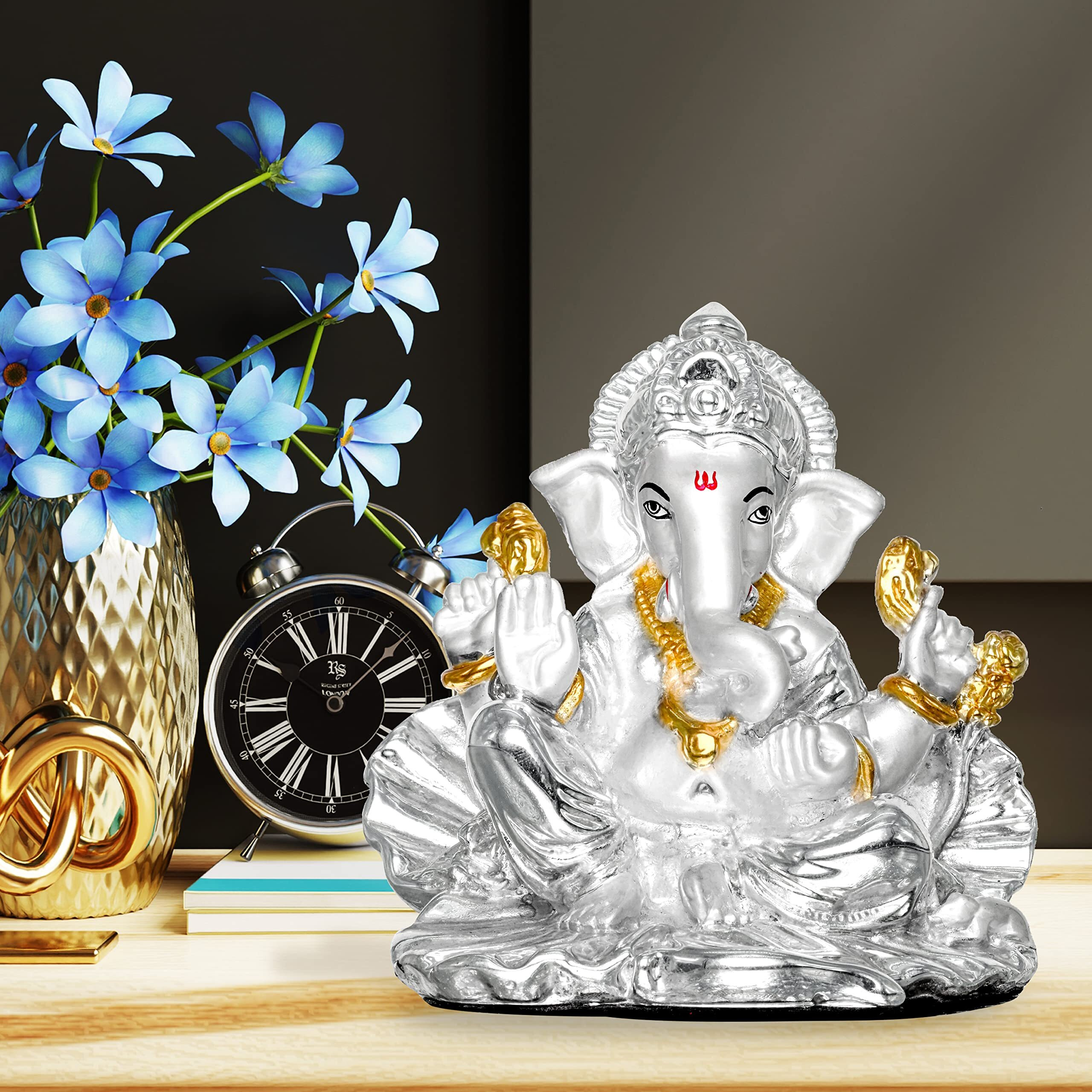 DIVINITI 999 Silver Plated Lord Ganesha Idol for Home Decor|Ganpati Statue for Tabletop, Office Desk, Temple|Religious Sculpture for Pooja, Worship, Gift (5.3 X 10 CM)