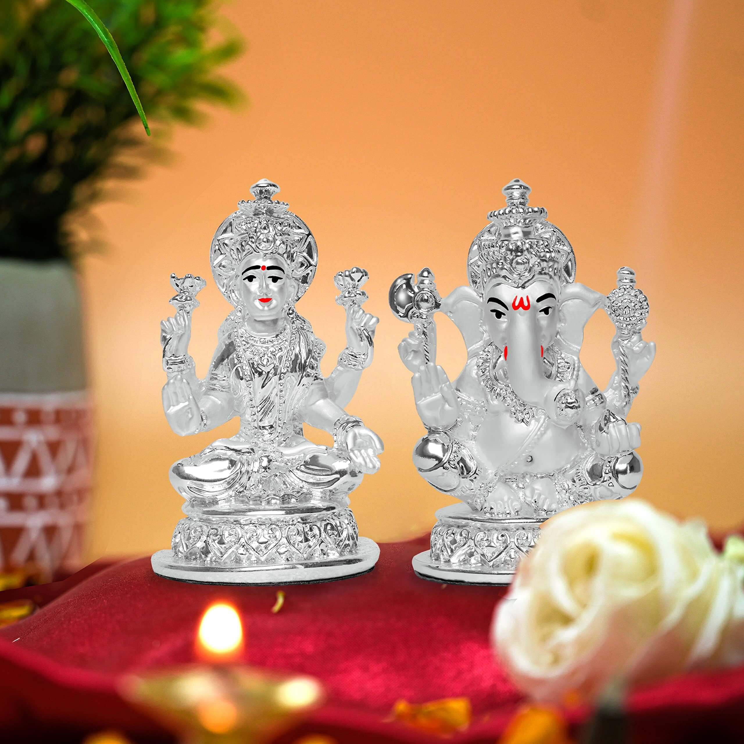 DIVINITI Laxmi & Ganesha Idol for Home Decor 999 Silver Plated Sculpture of laxmi, Ganpati Figurine Idol for Home, Office, Temple and Table Decoration Religious Idol for Pooja, Gift (5.7 CM X 7 CM)