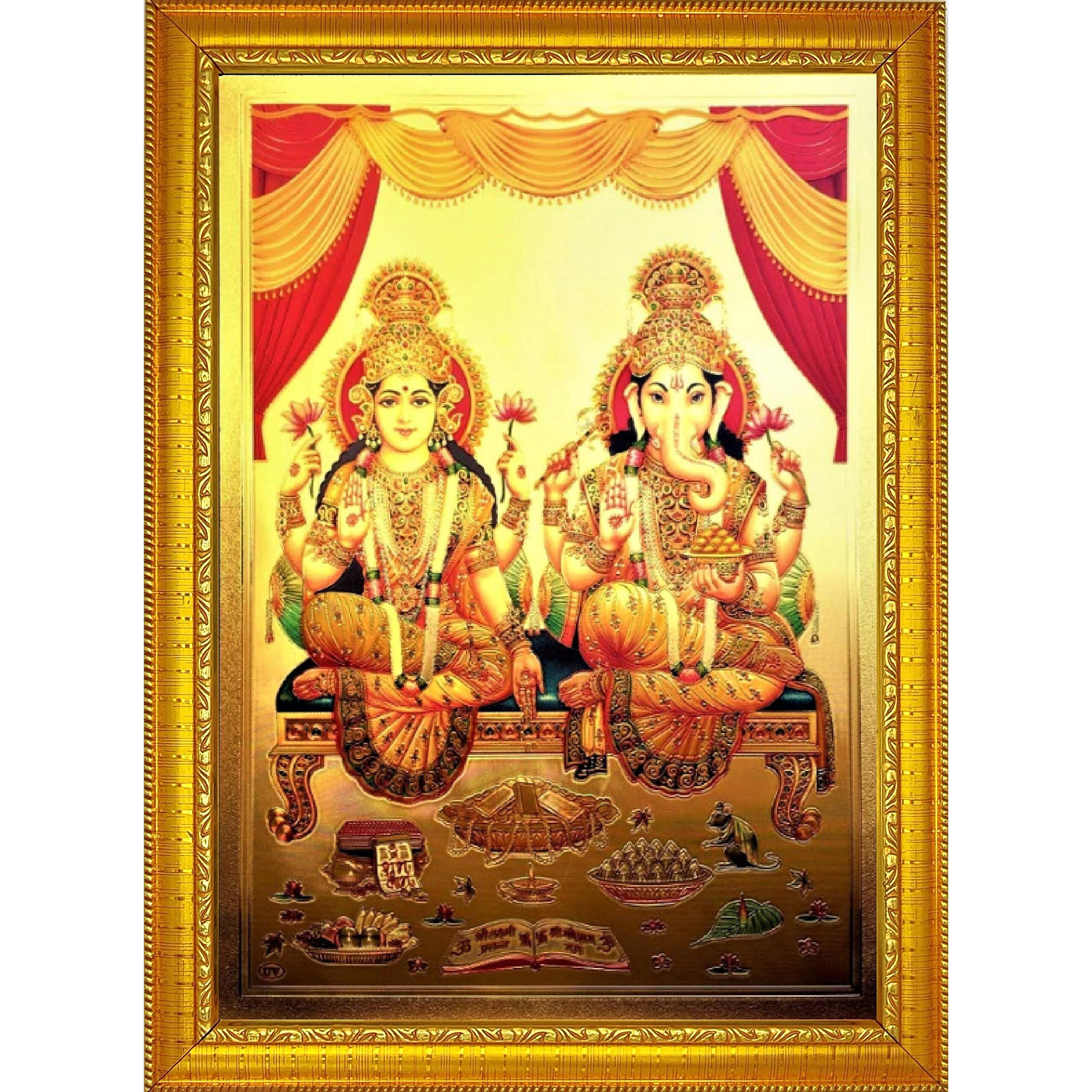 ADA Handicraft Gold Aluminum Plated Wooden Lakshmi MATA and Ganesh Ji Photo Frame for Wall and Pooja/Poster for Religious Framed Painting for Worship (24 X 33) cm