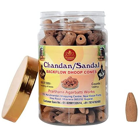 PRARTHANA 100 Pcs. Sandal Chandan Backflow Incense Dhoop Cones (Sandal Cones) for Fragrance, Buddha, Backflow Burner, Ganesh, Smoke Fountain