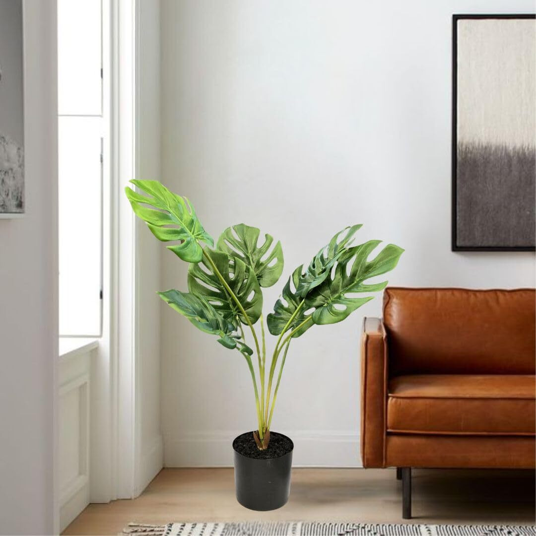 SATYAM KRAFT 1 Pc Artificial Monstera Plant with Vase Display for Home Decor,Balcony,Welcome Decoration Item,Realistic Look for Gifting,Ganpati Decoration Raksha Bandhan (with Vase)(Color 6)