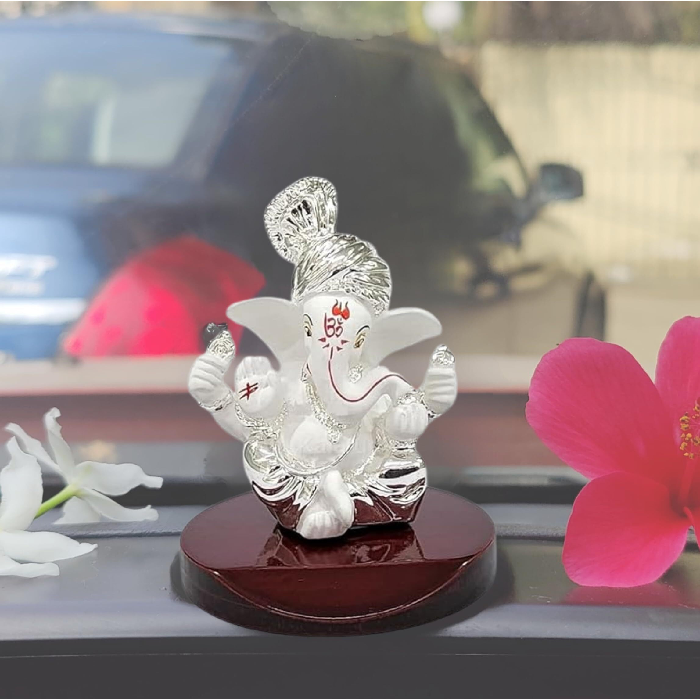 Electrum Kala udyam Four Hands Ganesha Statue for Car Dashboard|Silver Plated Statue of Ganpati for Peace and Prosperity| Idol for Pooja, Office and Home Decor and Gifts (MDPAGDIWHITESIL)