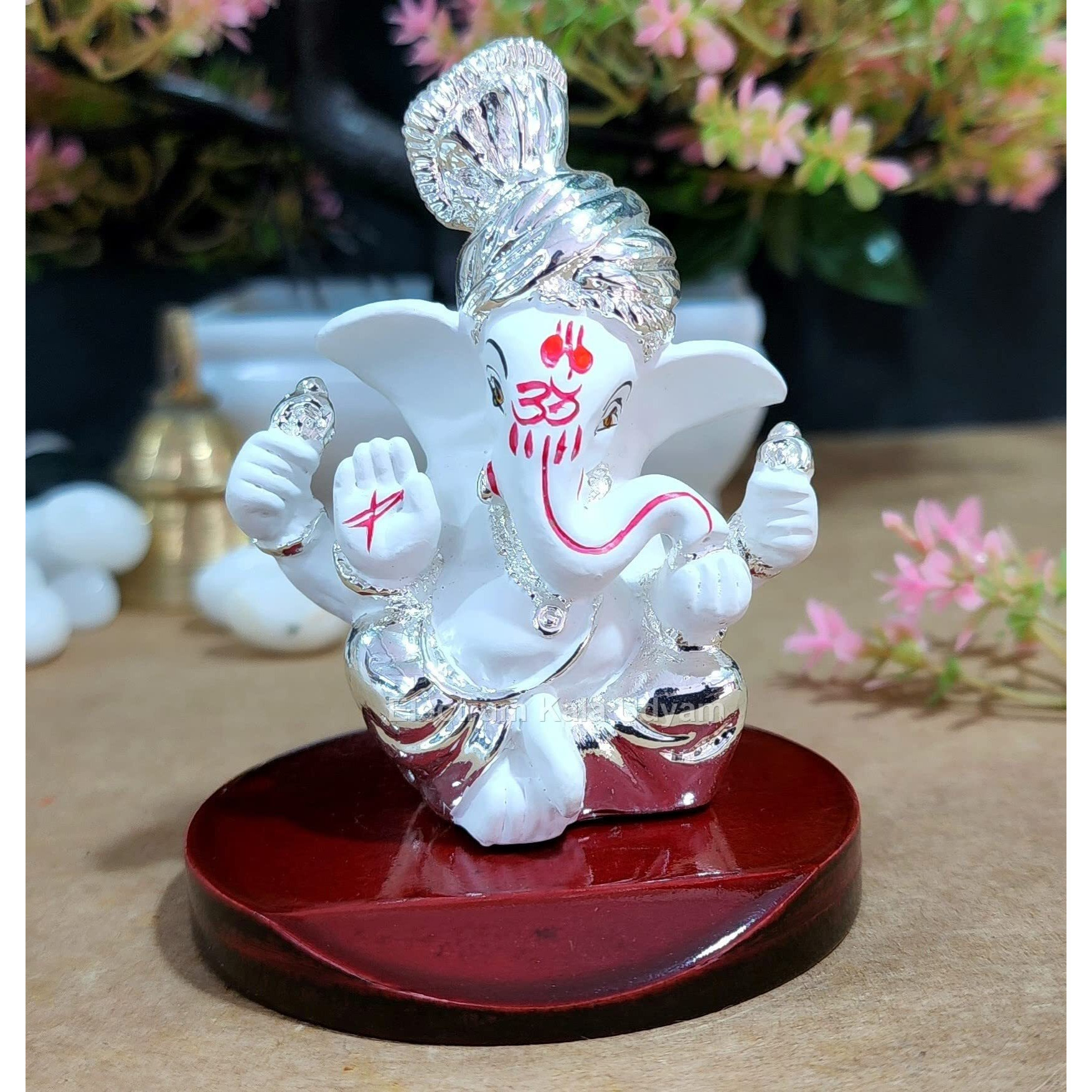 Electrum Kala udyam Four Hands Ganesha Statue for Car Dashboard|Silver Plated Statue of Ganpati for Peace and Prosperity| Idol for Pooja, Office and Home Decor and Gifts (MDPAGDIWHITESIL)