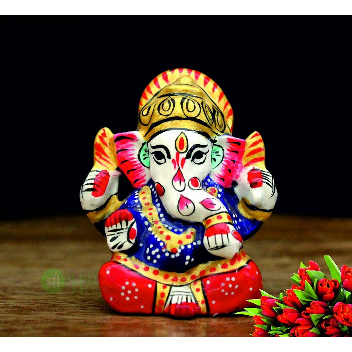 Shri Handicrafts Blessing Lord Ganesha with Metal Meenakari Painting Car Dashboard Idol Small Ganpati Statue for Puja Temple Office Gifts(3x4x5cm)