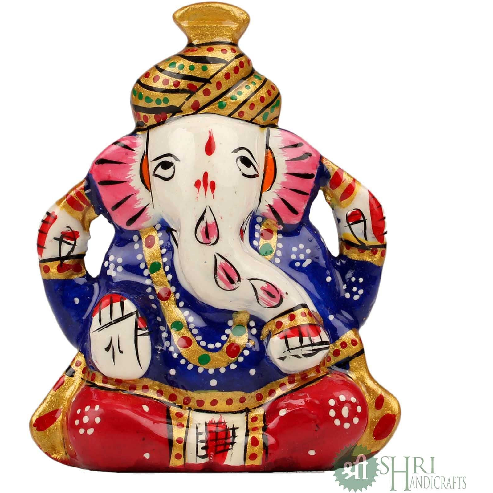 Shri Handicrafts Metal Meenakari Painting Lord Ganesha Car Dashboard Idol Small Ganpati Statue for Puja Temple Office Gifts(3x6x7cm)