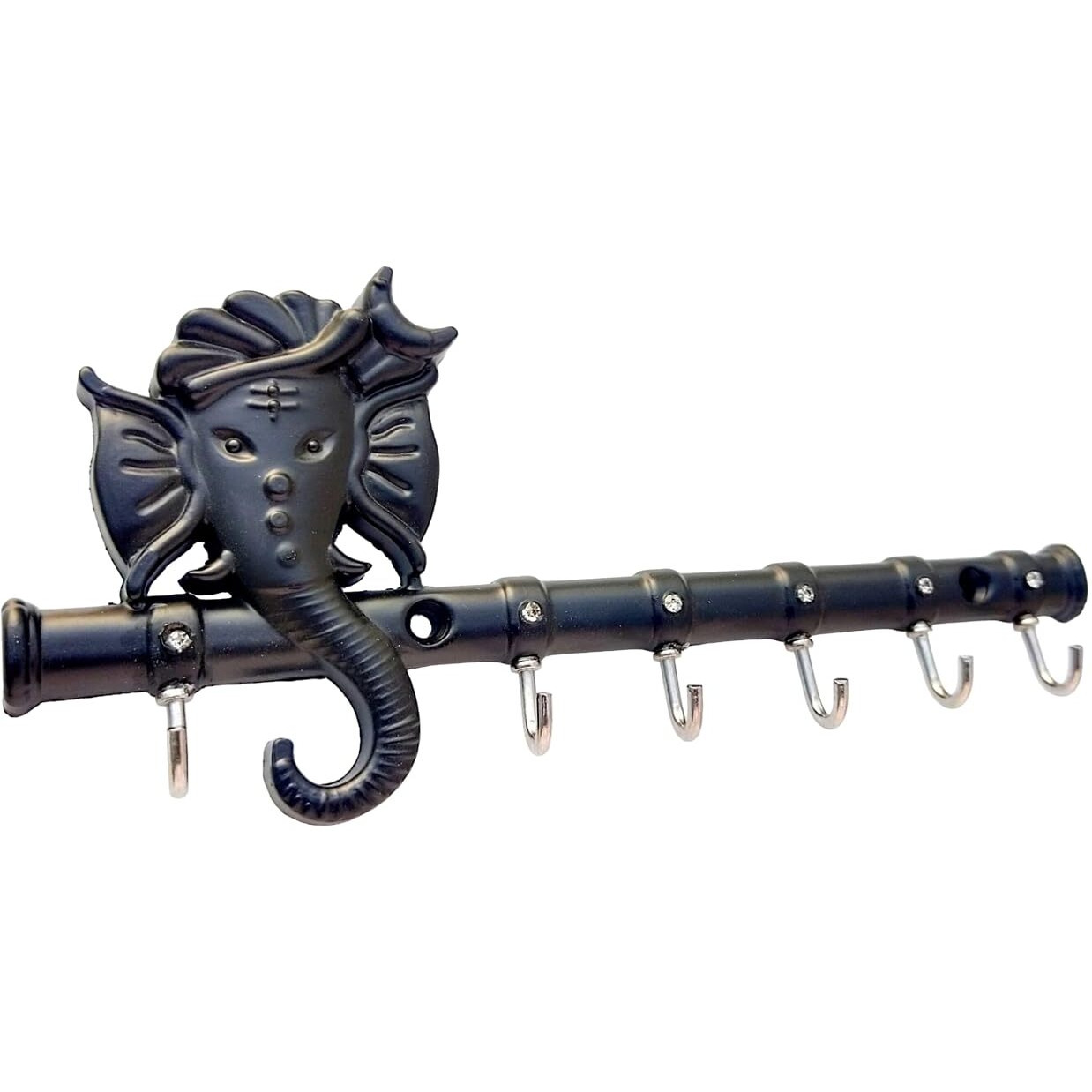 Zeetab Diamond Ganesha Key Holder & Hanger | Metal Lord Ganpati Key Stand with 6 Hook Wall Mount | Home Decor Housewarming Gift (Matt Black)