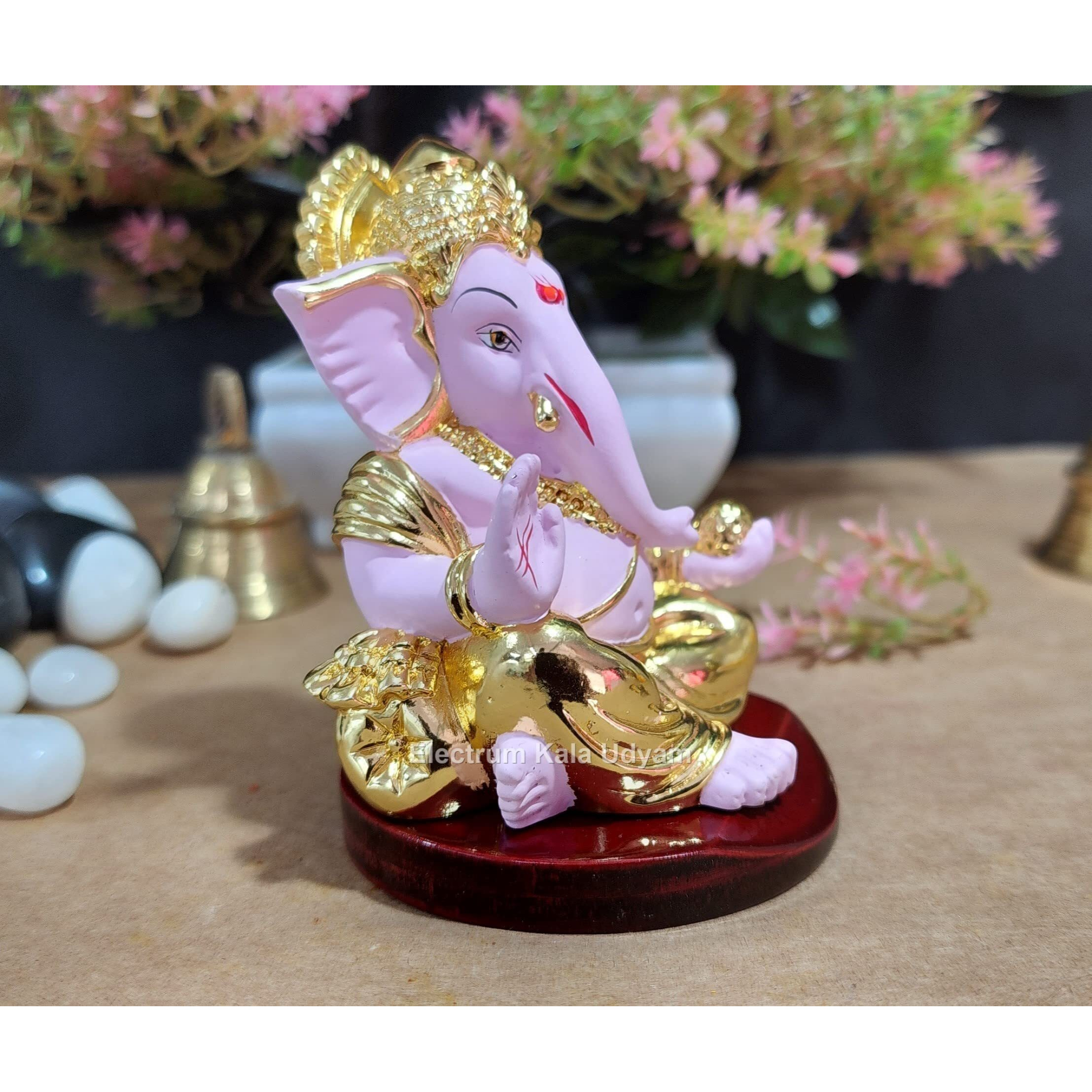 Electrum Kala Udyam Gaddi Ganesha/Ganpati with MDF Base for Car Dashboard, Home, and Office - Perfect for Housewarming, Return Gifts, and Festivals (MDFGADDIGOLDPINK)