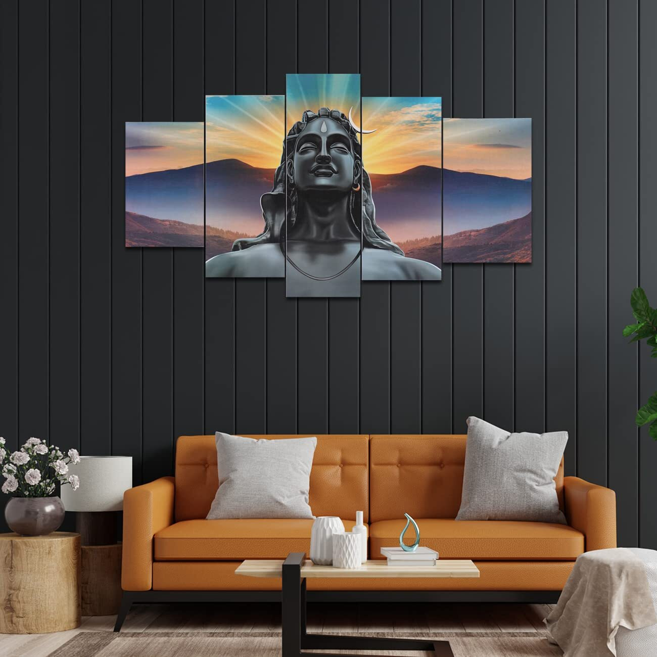Perpetual Wall Painting for Living Room Set of 5 | Adiyogi Painting for Wall Decoration | 3D Wall Scenery for Living Room | Ganpati Decoration Items for Home | Adiyogi Painting (125x60 Cm) Multicolor Frames