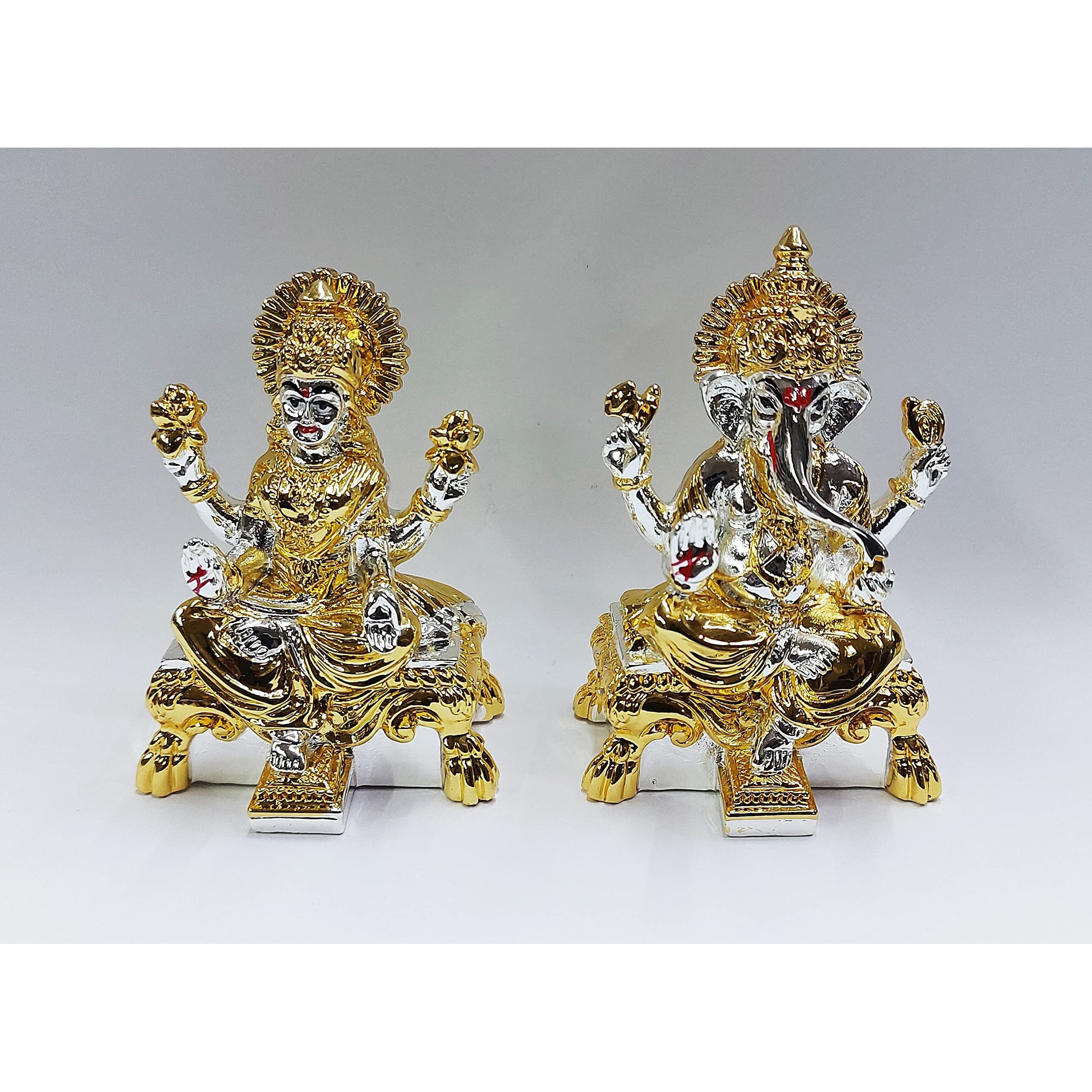 Gold Art India Gold and Silver Plated Laxmi Ganesha Pair Goddess Idol | Laxmi Devi Ganpati Ji |for Diwali Pooja Sculpture Statue Home, Gifting,Showpiece (2.75 inches Height) (Gold and Silver)