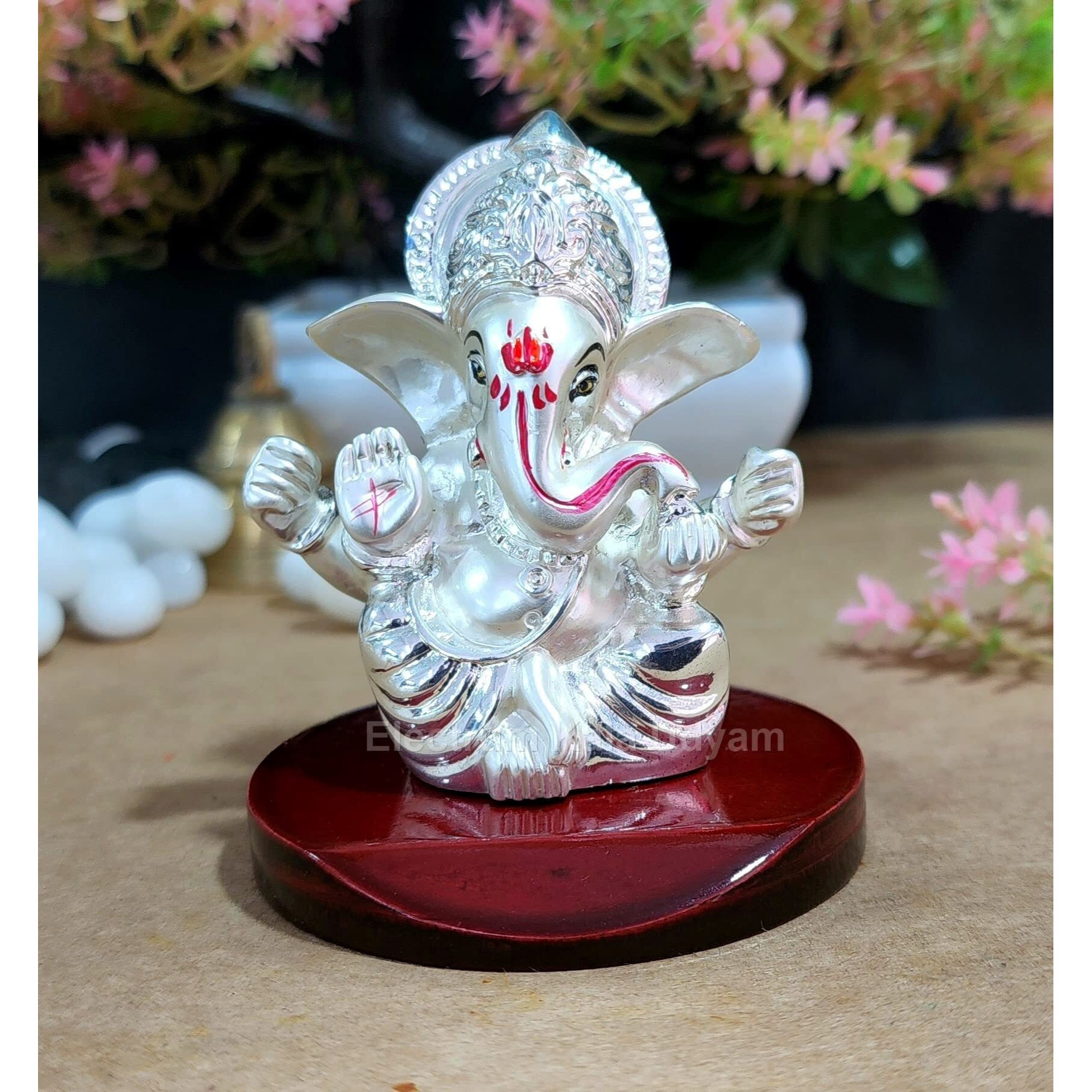 Electrum Kala udyam Four Hands Ganesha Statue for Car Dashboard|Silver Plated Statue of Ganpati for Peace and Prosperity| Idol for Pooja, Office and Home Decor and Gifts (MDROUNDMUK4HAND)