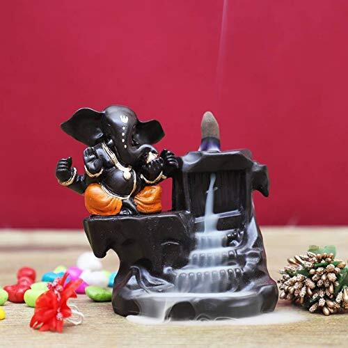 Craftam Polyresin Big Size Ganesha, Ganpati Deva Smoke Backflow Fountain Incense Holder with 10 Backflow Incense Cones (Big Size 10X8X12.5 cm, Orange)
