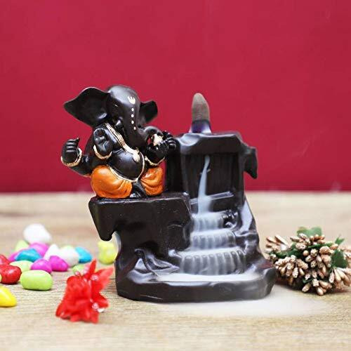 Craftam Polyresin Big Size Ganesha, Ganpati Deva Smoke Backflow Fountain Incense Holder with 10 Backflow Incense Cones (Big Size 10X8X12.5 cm, Orange)