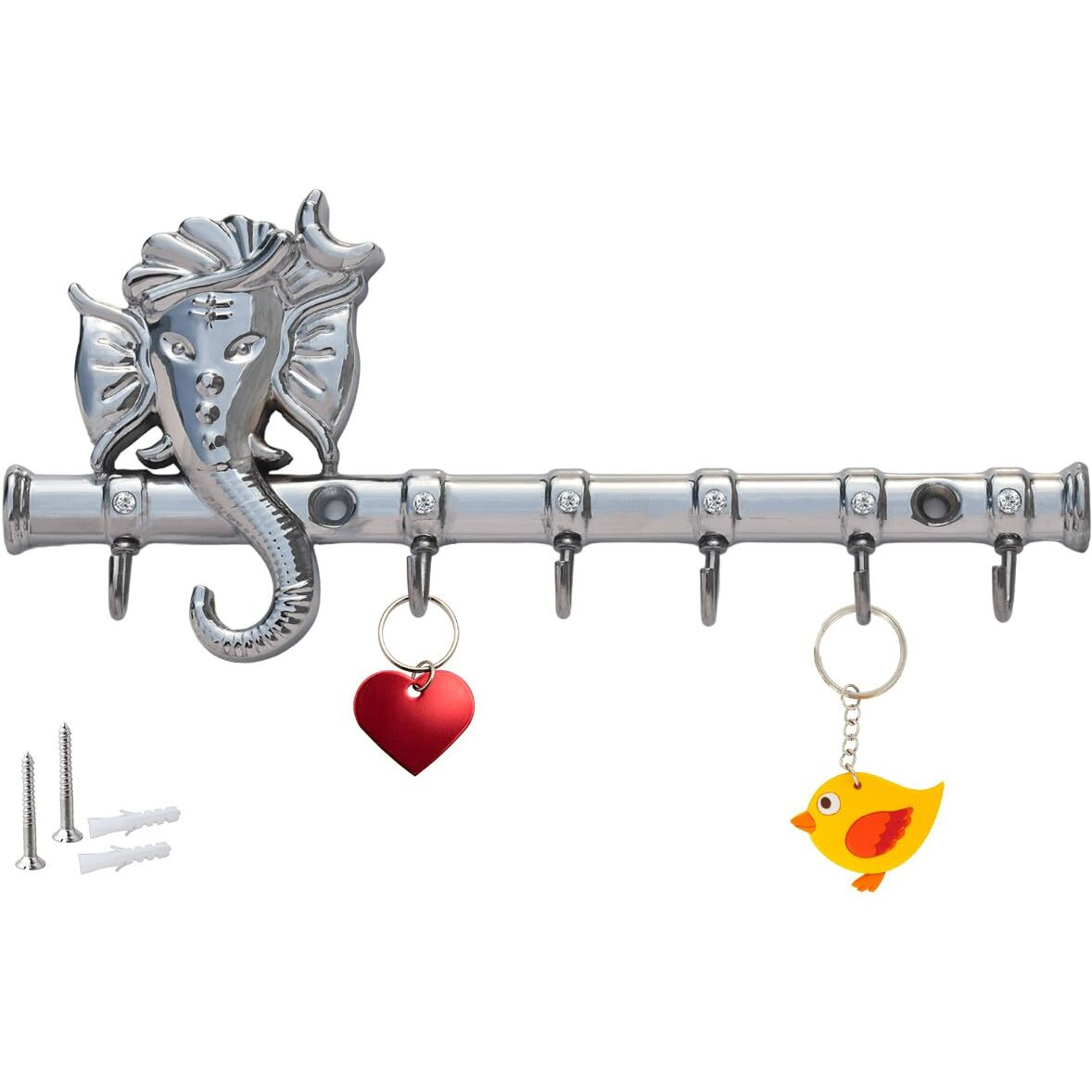 Zeetab Diamond Ganesha Key Holder & Hanger | Metal Lord Ganpati Key Stand with 6 Hook Wall Mount | Home Decor Housewarming Gift (Chrome)