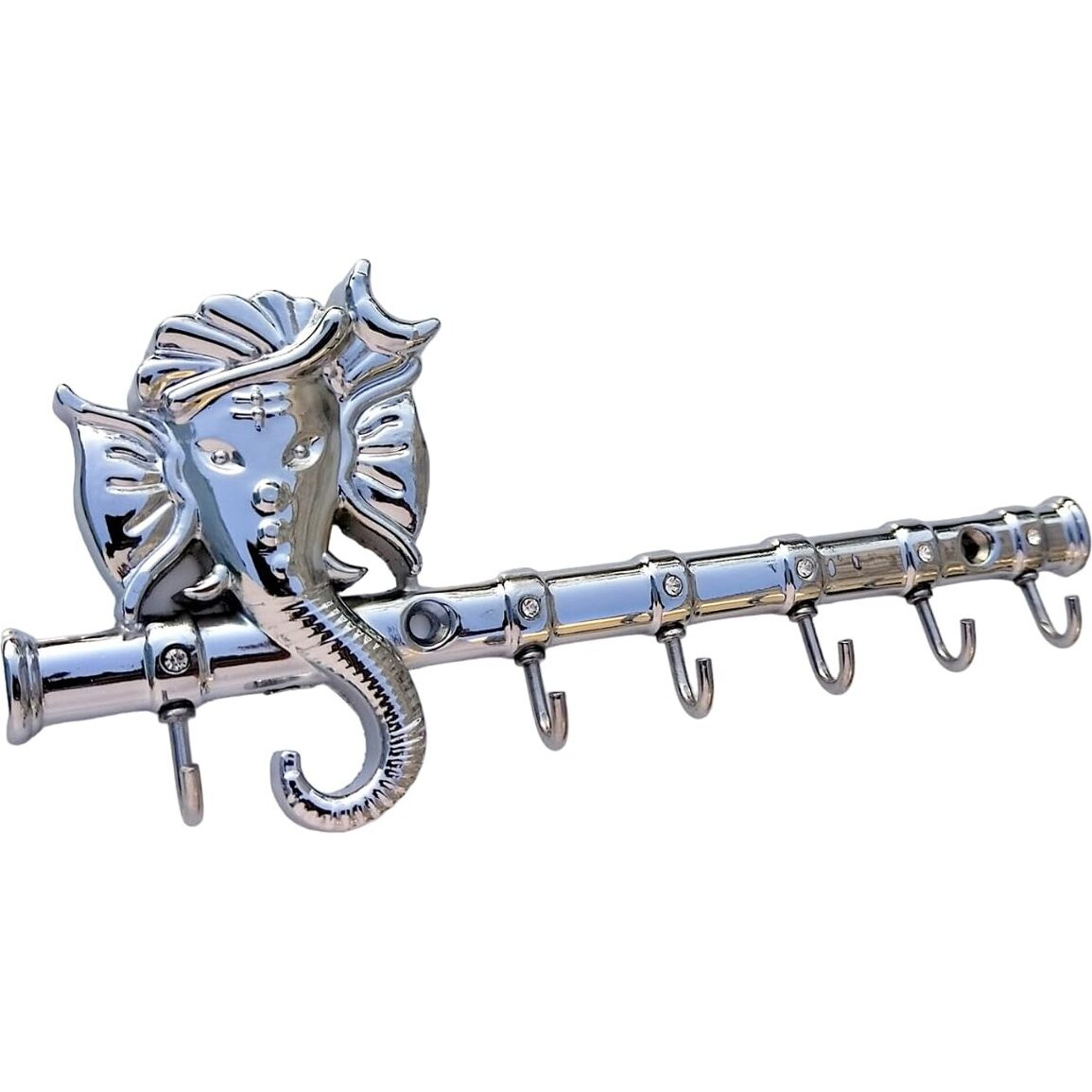 Zeetab Diamond Ganesha Key Holder & Hanger | Metal Lord Ganpati Key Stand with 6 Hook Wall Mount | Home Decor Housewarming Gift (Chrome)