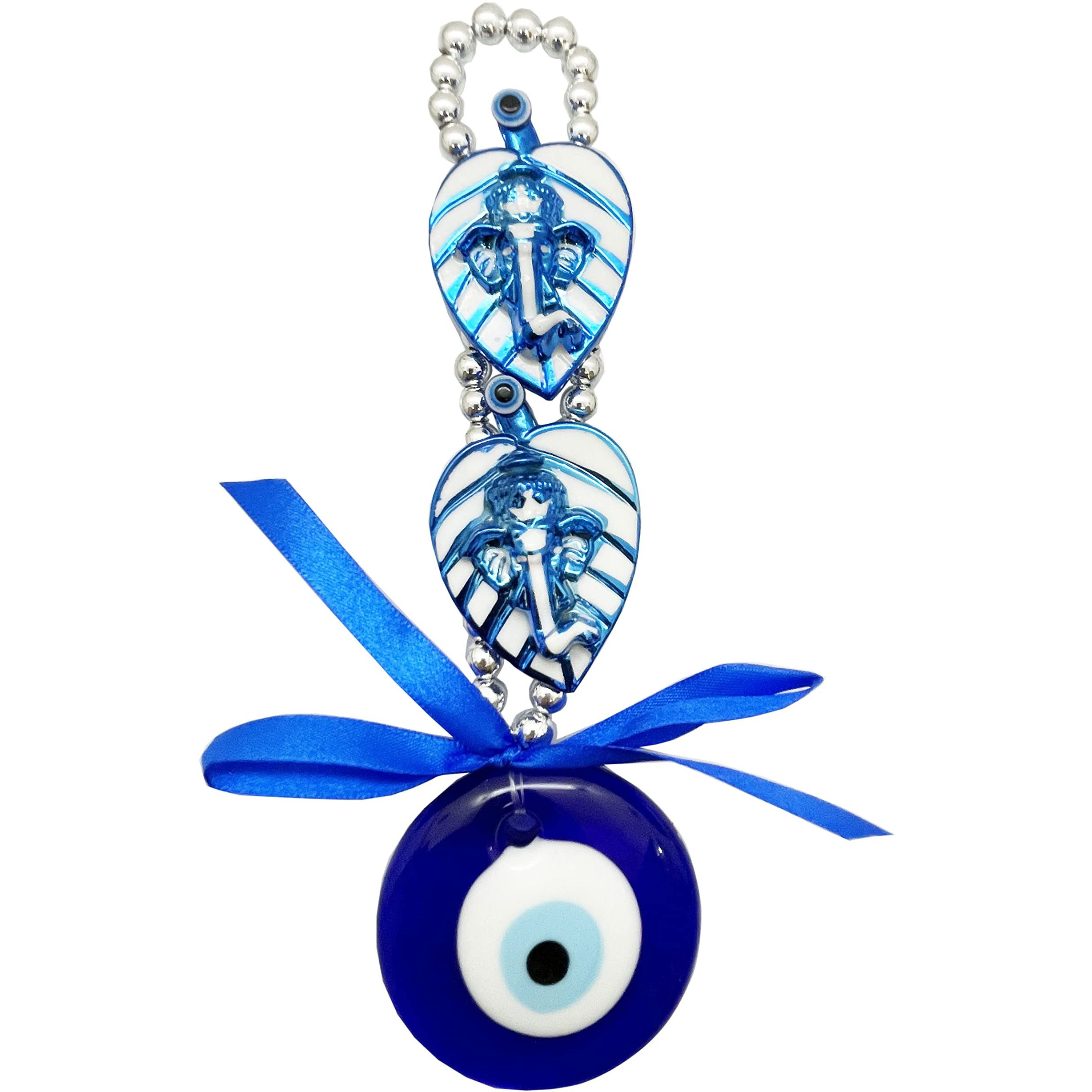 Saubhagya Global Fengshui Set of 1 Blue 2 Leaf Ganpati Evil Eye Hanging for Car & Door/Office, Small Size, Height-22cm