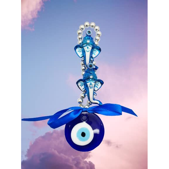 Saubhagya Global Fengshui Set of 1 Blue 2 Ganpati Evil Eye Hanging for Car & Door/Office, Small Size, Height-17cm