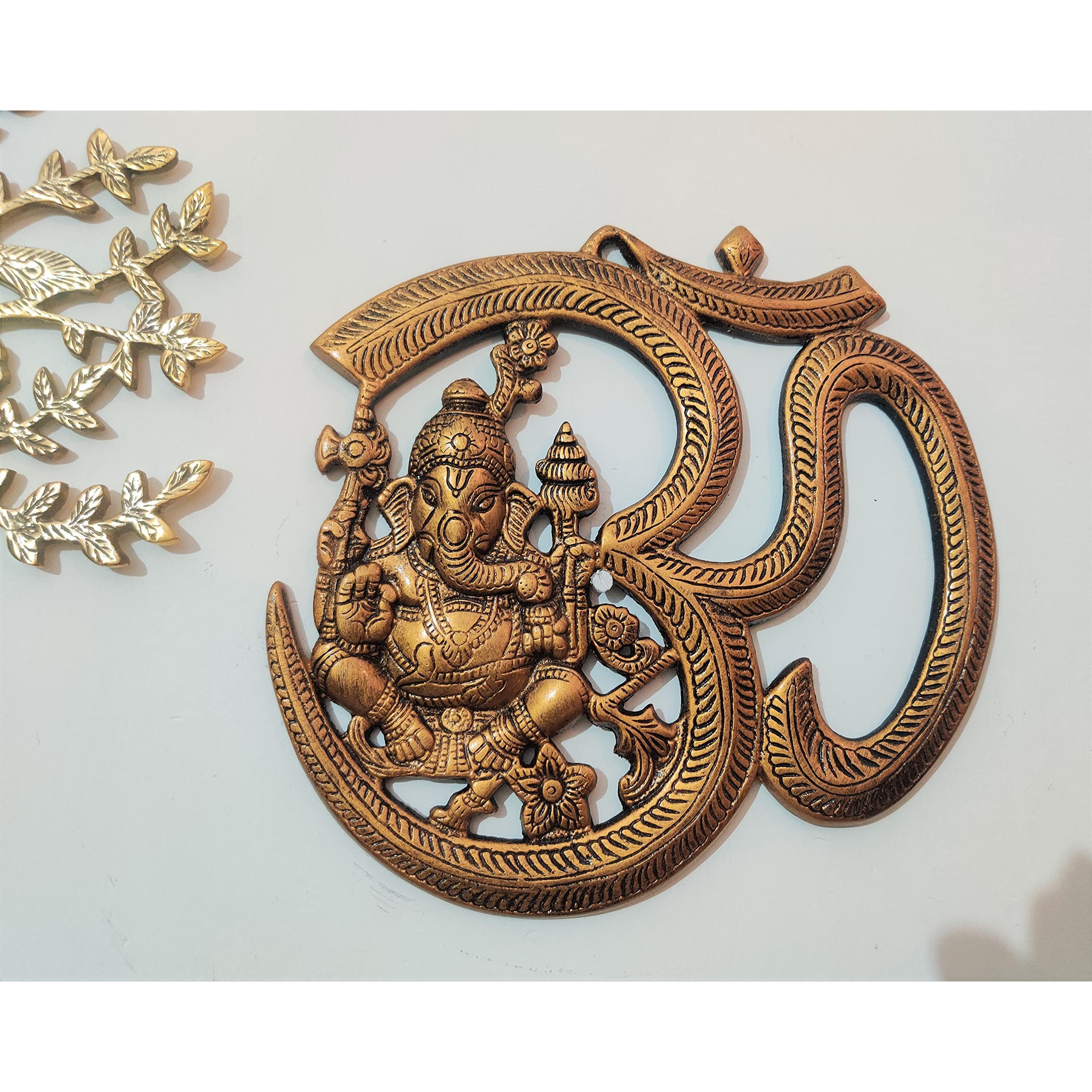 Akriti Brass Art Wares Aluminum Metal Om Ganesha Frame Idol Wall Hanging Decorative Showpiece for Entrance Door Ganpati OM Symbol Religious Statue
