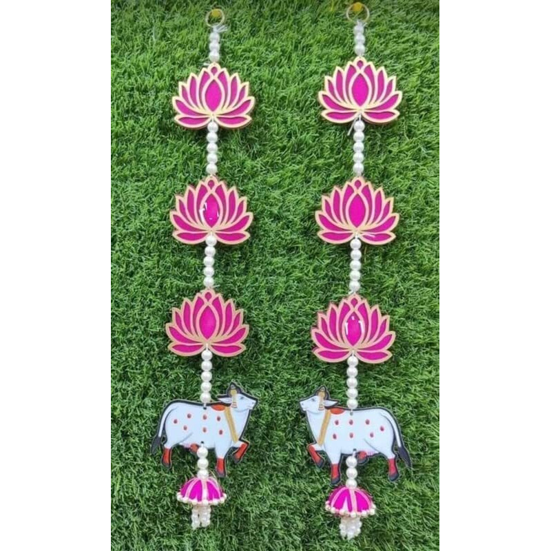 Urban TurtleHandmade Lotus with Cow & Jhumki Style Hanging for Ganpati Decor and Diwali Decoration|MDF Floral Wall Hangings for Home Decoration, Temple, Main Door Entrance |1 Pair | 25 Inch Each|, Engineered Wood