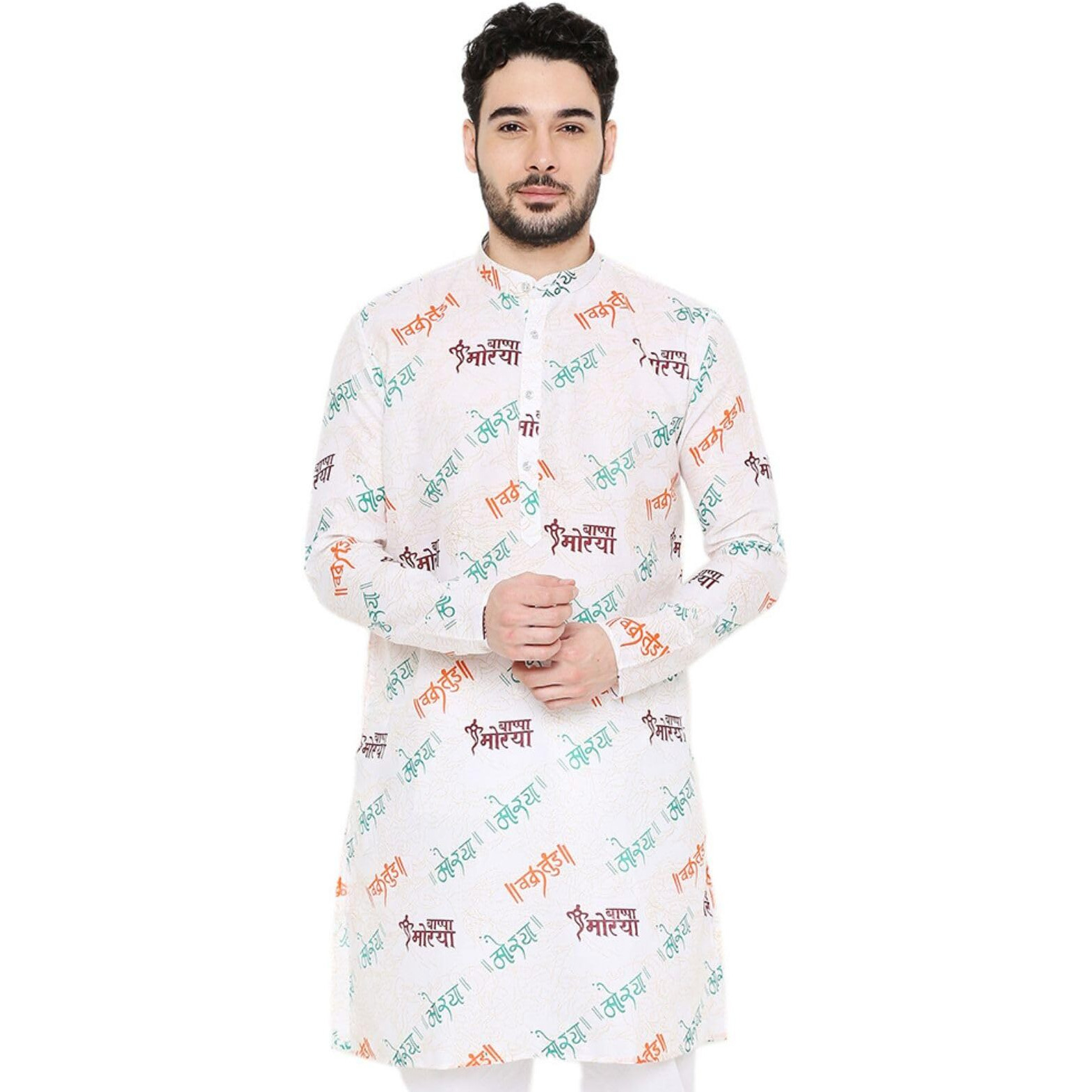 Maharaja Magic Cotton All Over Ganpati Bappa Morya Print Kurta in White for Men [MSKurta202-46]