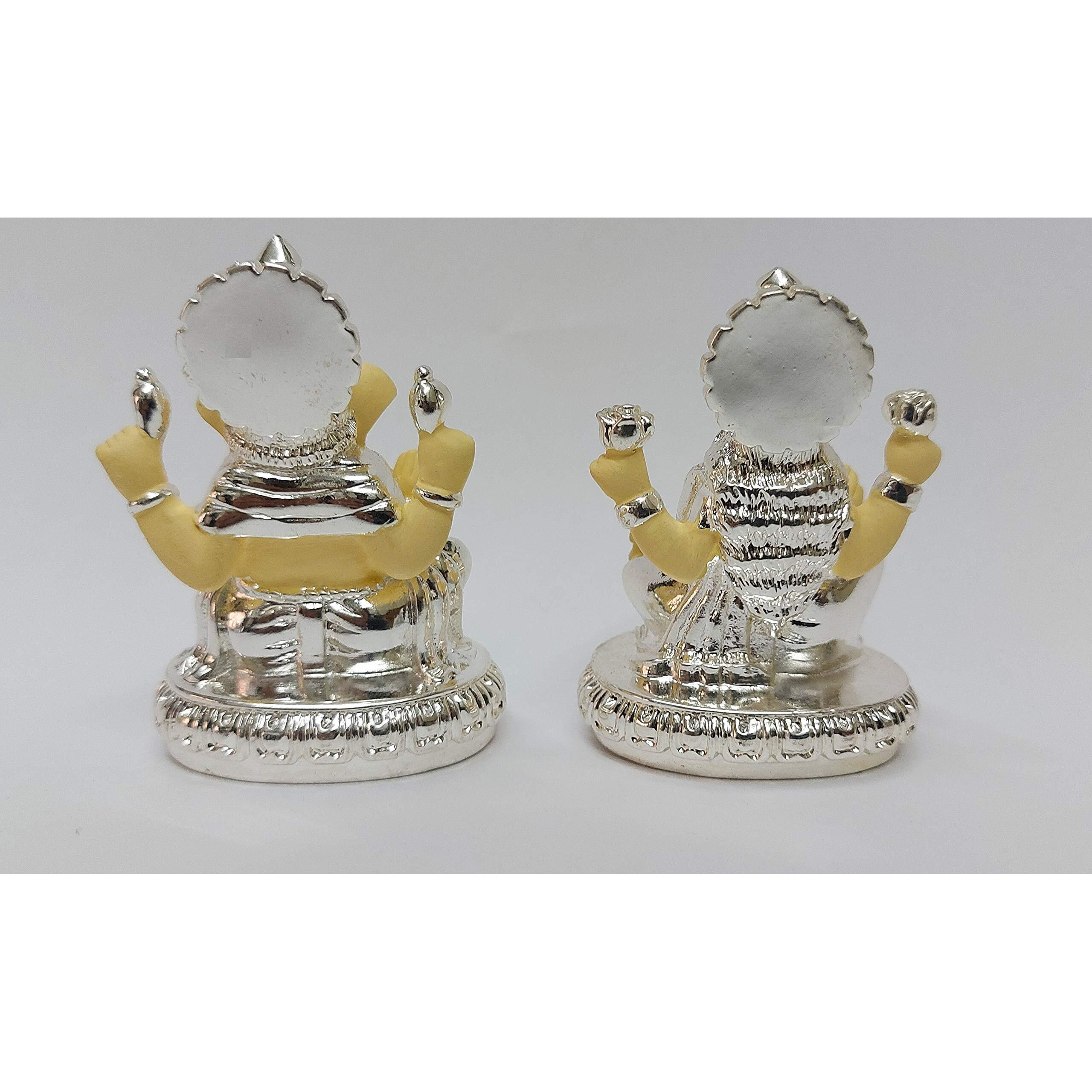 Gold Art India Gold and Silver Plated Laxmi Ganesha Pair Goddess Idol | Laxmi Devi Ganpati Ji |for Diwali Pooja Sculpture Statue Home, Gifting,Showpiece (2.75 inches Height)(Silver Off White)
