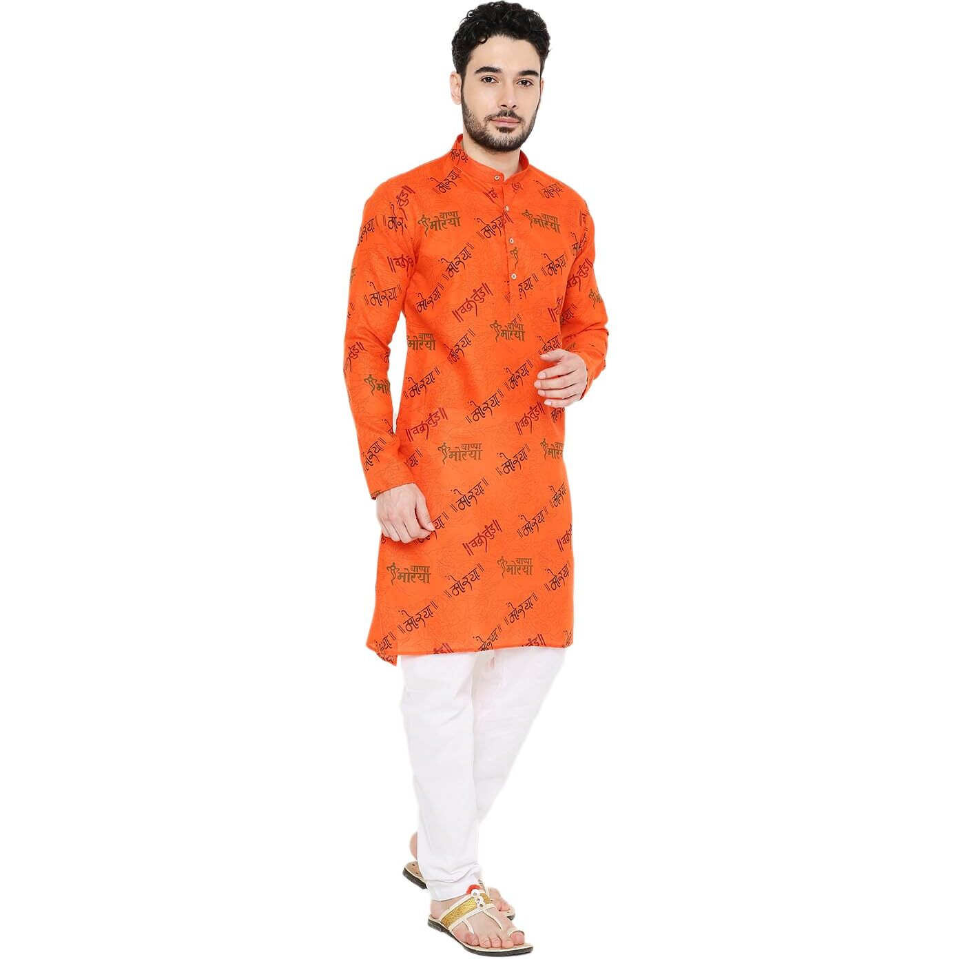 Maharaja Magic Cotton All Over Ganpati Bappa Morya Print Kurta in Orange for Men [MSKurta204-42]