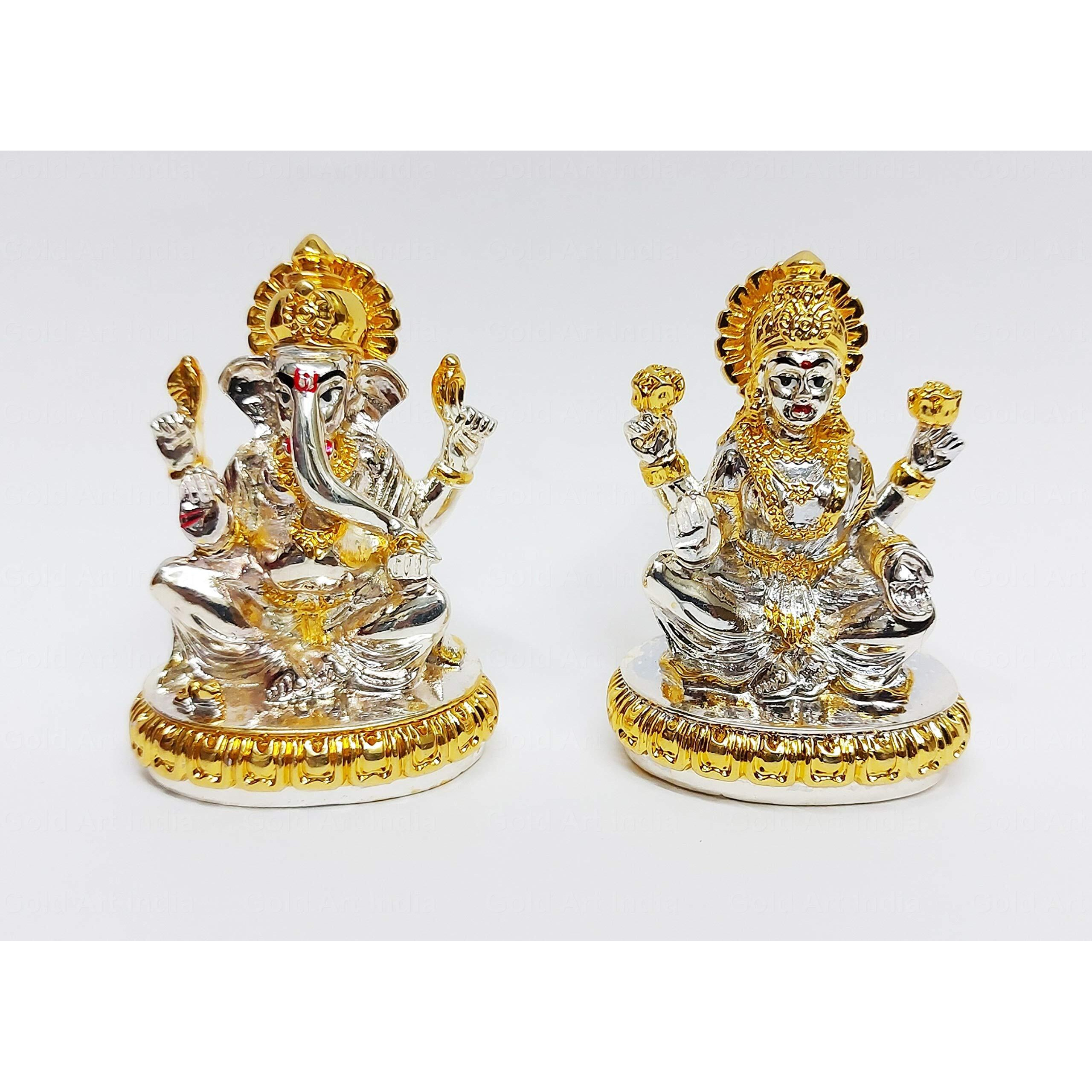 Gold Art India Gold and Silver Plated Laxmi Ganesha Pair Goddess Idol | Laxmi Devi Ganpati Ji |for Diwali Pooja Sculpture Statue Home, Gifting,Showpiece (2.75 inches Height) (Gold and Silver)