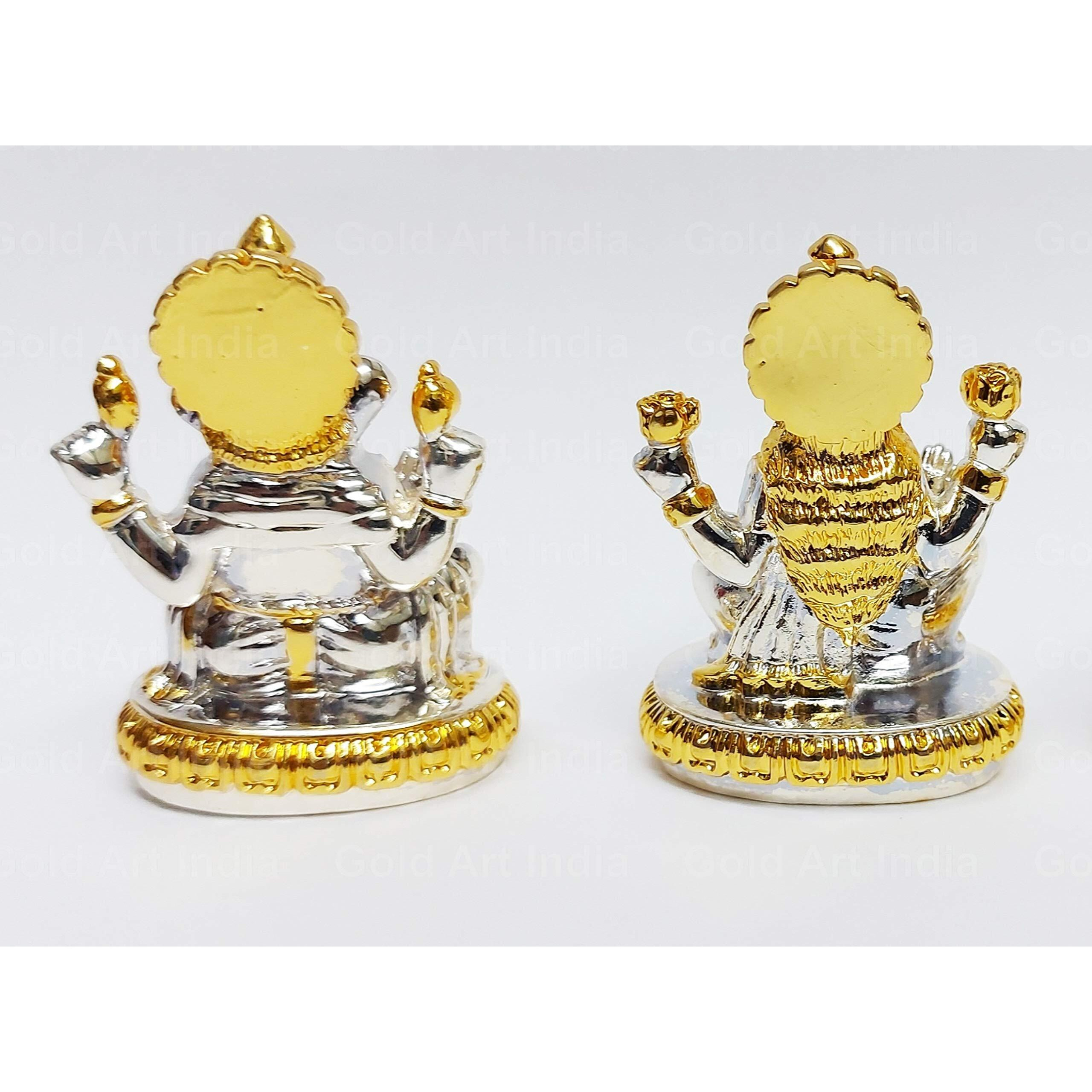 Gold Art India Gold and Silver Plated Laxmi Ganesha Pair Goddess Idol | Laxmi Devi Ganpati Ji |for Diwali Pooja Sculpture Statue Home, Gifting,Showpiece (2.75 inches Height) (Gold and Silver)