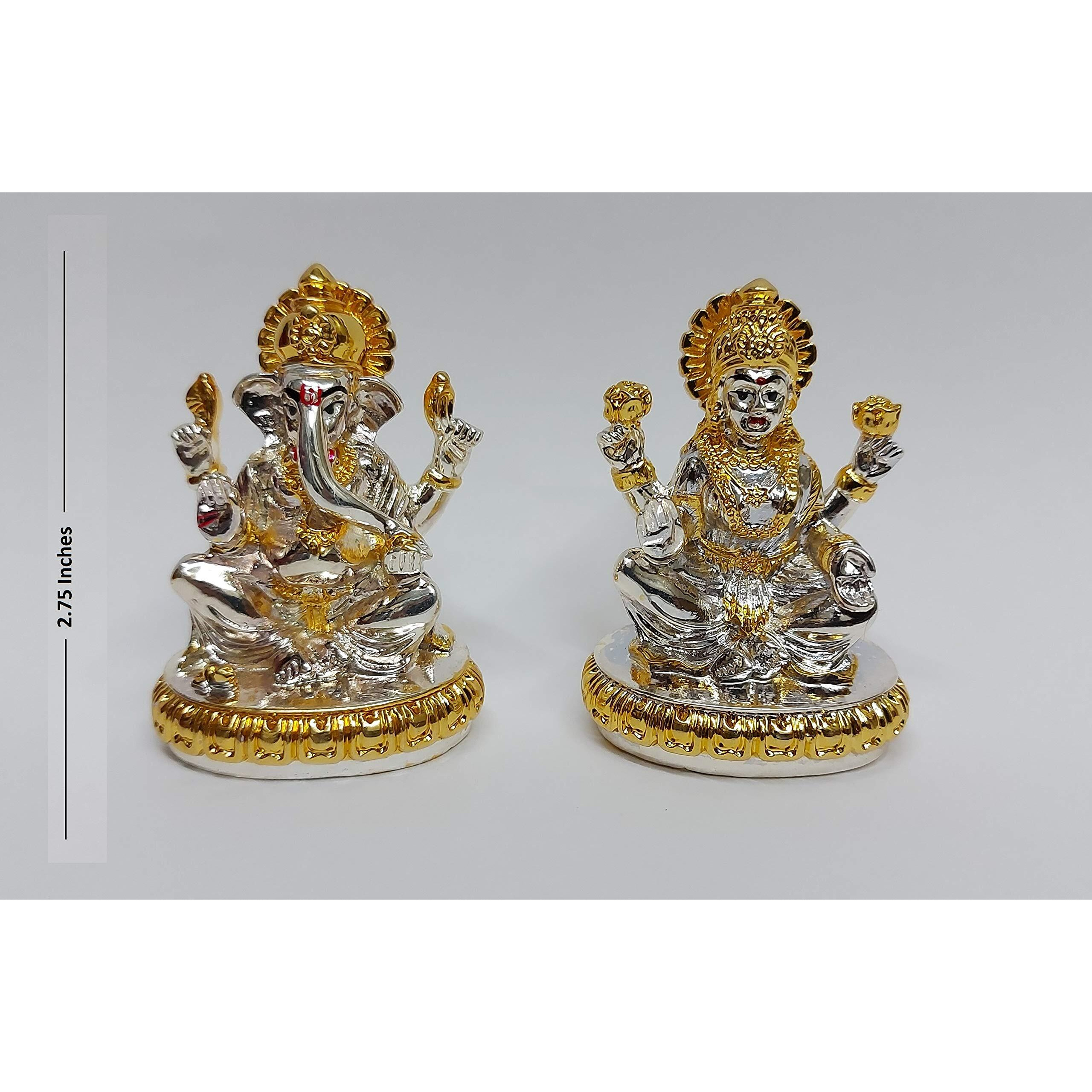 Gold Art India Gold and Silver Plated Laxmi Ganesha Pair Goddess Idol | Laxmi Devi Ganpati Ji |for Diwali Pooja Sculpture Statue Home, Gifting,Showpiece (2.75 inches Height) (Gold and Silver)