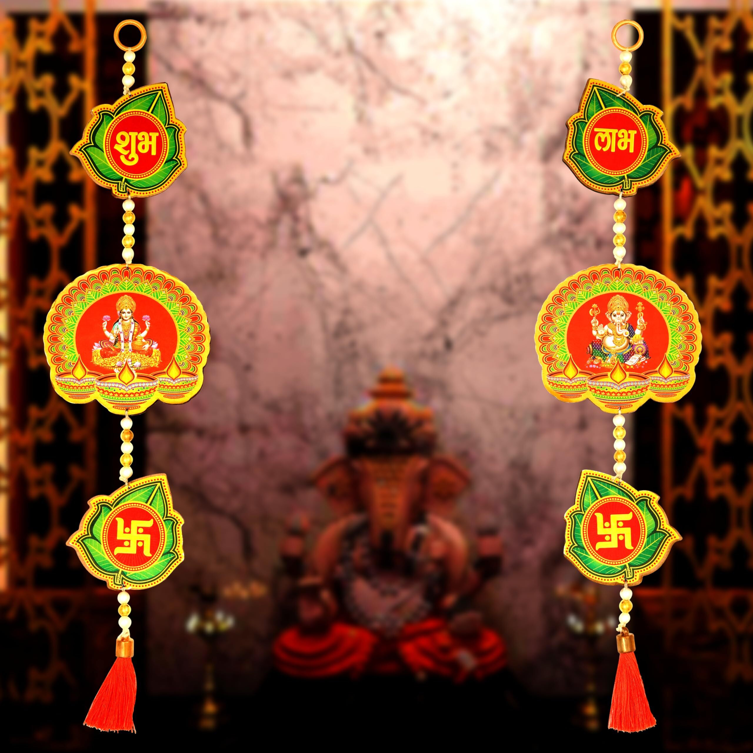 PD Craftozone Handmade shubh labh ganpati maa laxmi swastik Hanging for Home Decor | Festive Spiritual Hanging for Diwali Decor, Wedding Decor and All Festival Decor (Pan Shape)