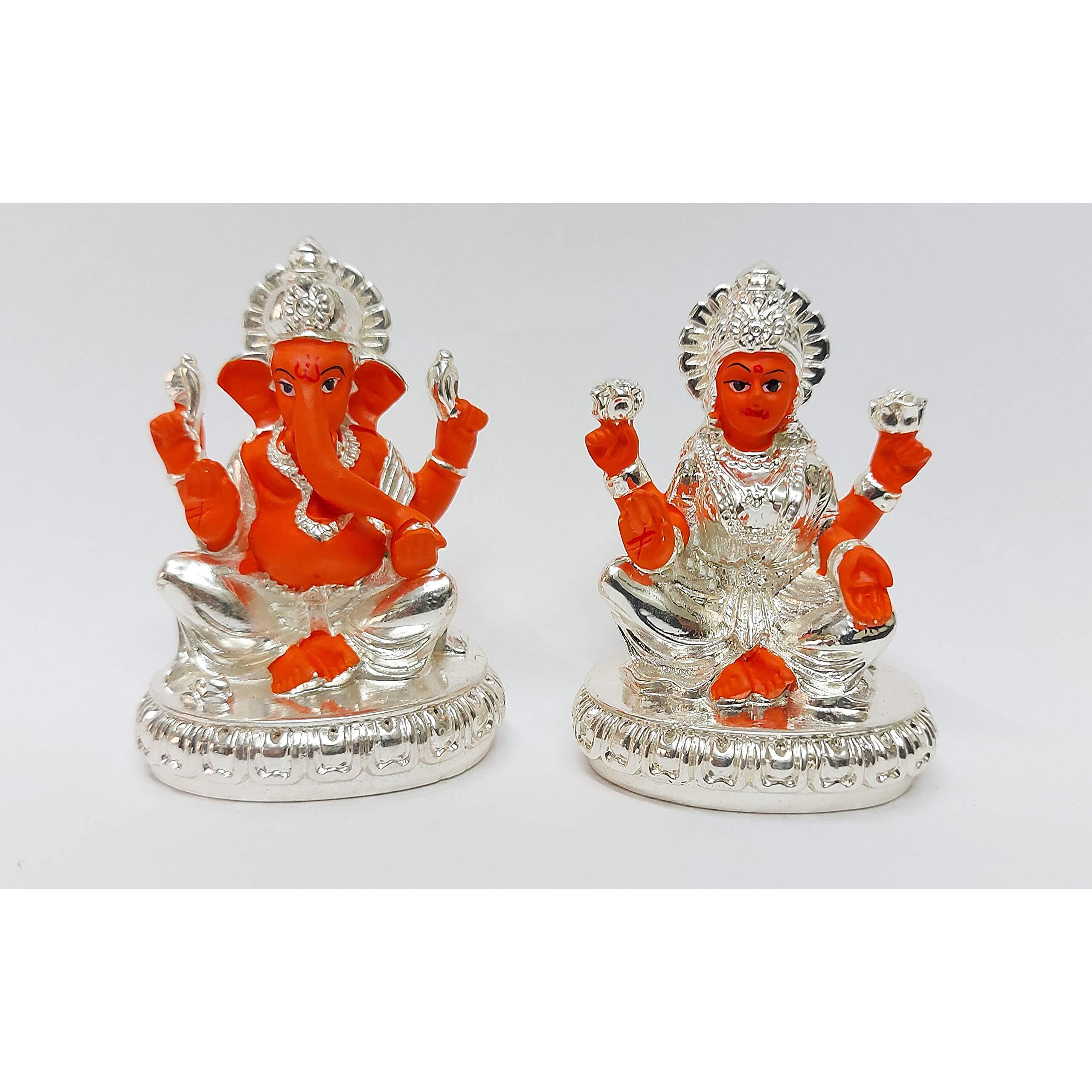 Gold Art India Gold Plated New Chakra Laxmi Ganesha Pair Goddess Idol | Laxmi Devi Ganpati Ji |for Diwali Pooja Sculpture Statue Home, Gifting,Showpiece (2.75 inches Height)(Silver Orange)