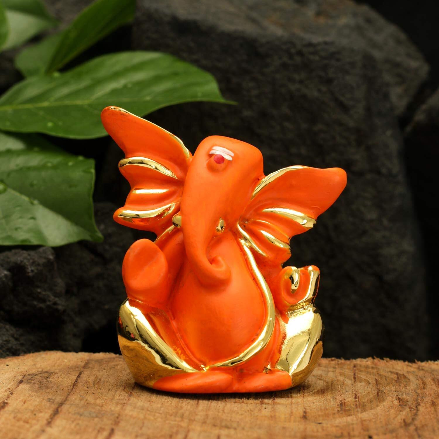 Collectible India Gold Plated Red Terracotta Ganesha Statue for Car Dashboard God Ganpati Idols Home Office Decor (Size 7cm x 6cm)