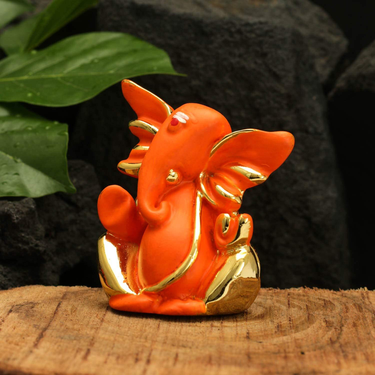 Collectible India Gold Plated Red Terracotta Ganesha Statue for Car Dashboard God Ganpati Idols Home Office Decor (Size 7cm x 6cm)