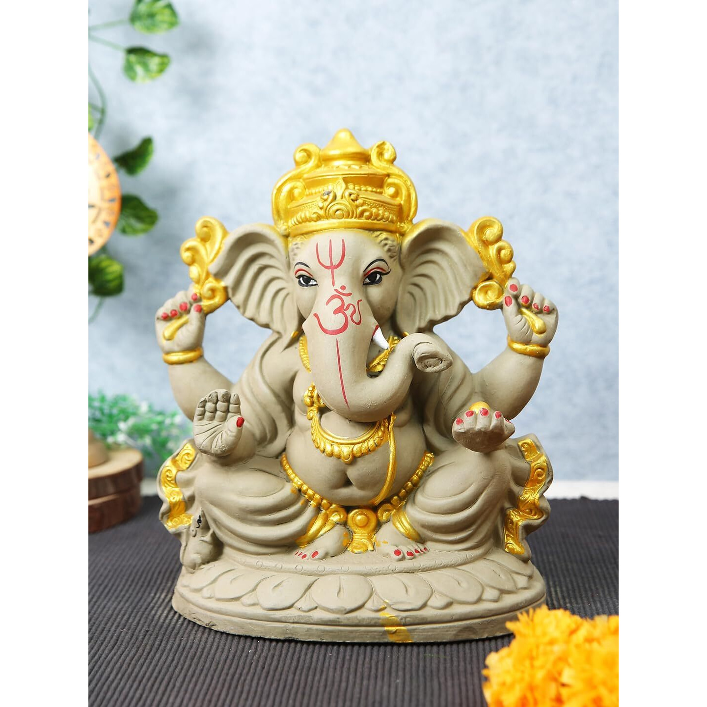 TIED RIBBONS Large Eco Friendly Water Soluble Ganpati Visarjan Idol Murti Terracotta Mitti Clay Ganesha Statue Handcrafted Decorative Items for Home Pooja Room Living Room Gift Set (34.2 cm x 25.4 cm)