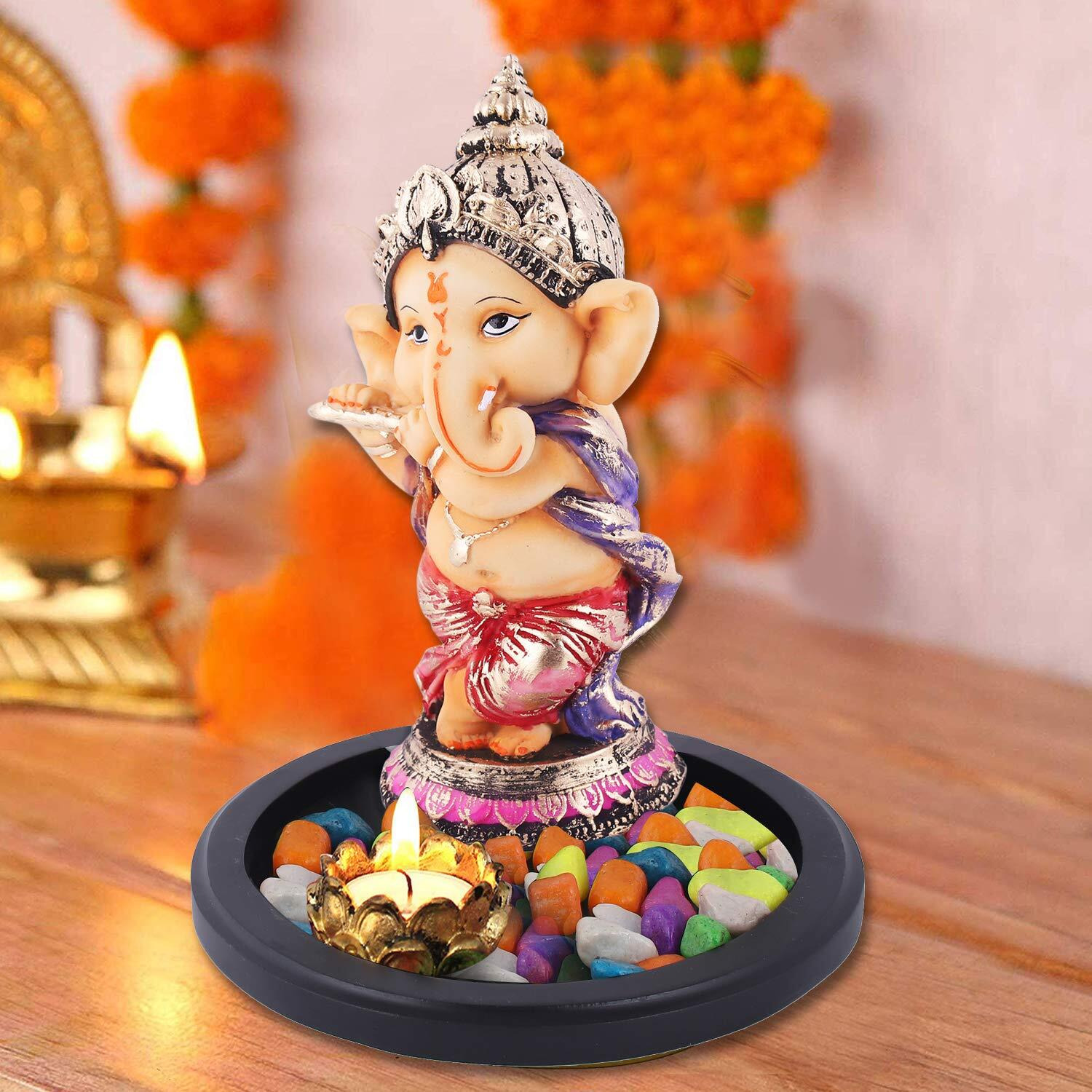 Mariners Creation Ganesha Idol Playing Flute with Wooden Tray for Gift & Home Decor | Ganesha Statue for Home Decor | GANPATI Statue | SHOWPIECE for Home Decor House Warming Gift
