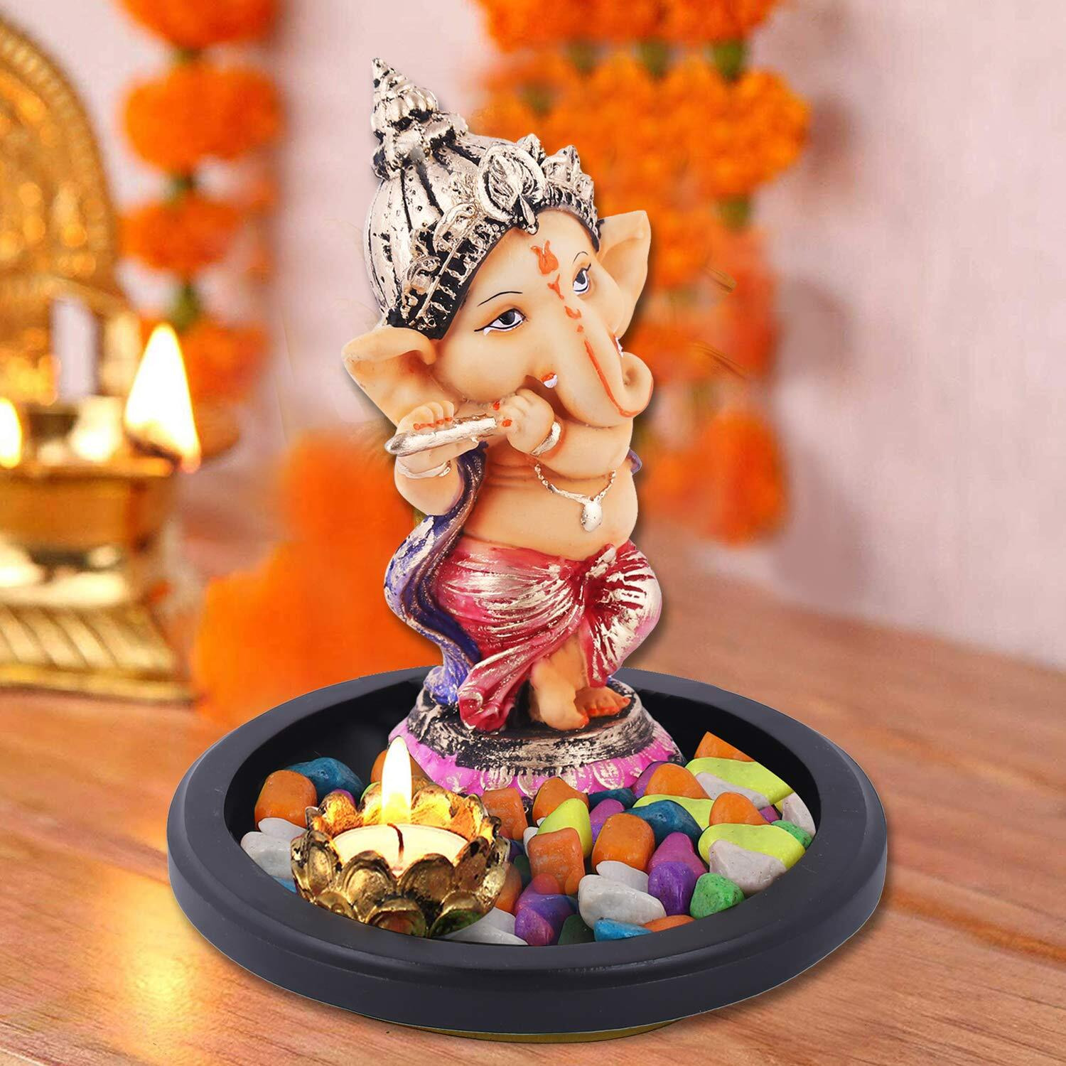 Mariners Creation Ganesha Idol Playing Flute with Wooden Tray for Gift & Home Decor | Ganesha Statue for Home Decor | GANPATI Statue | SHOWPIECE for Home Decor House Warming Gift
