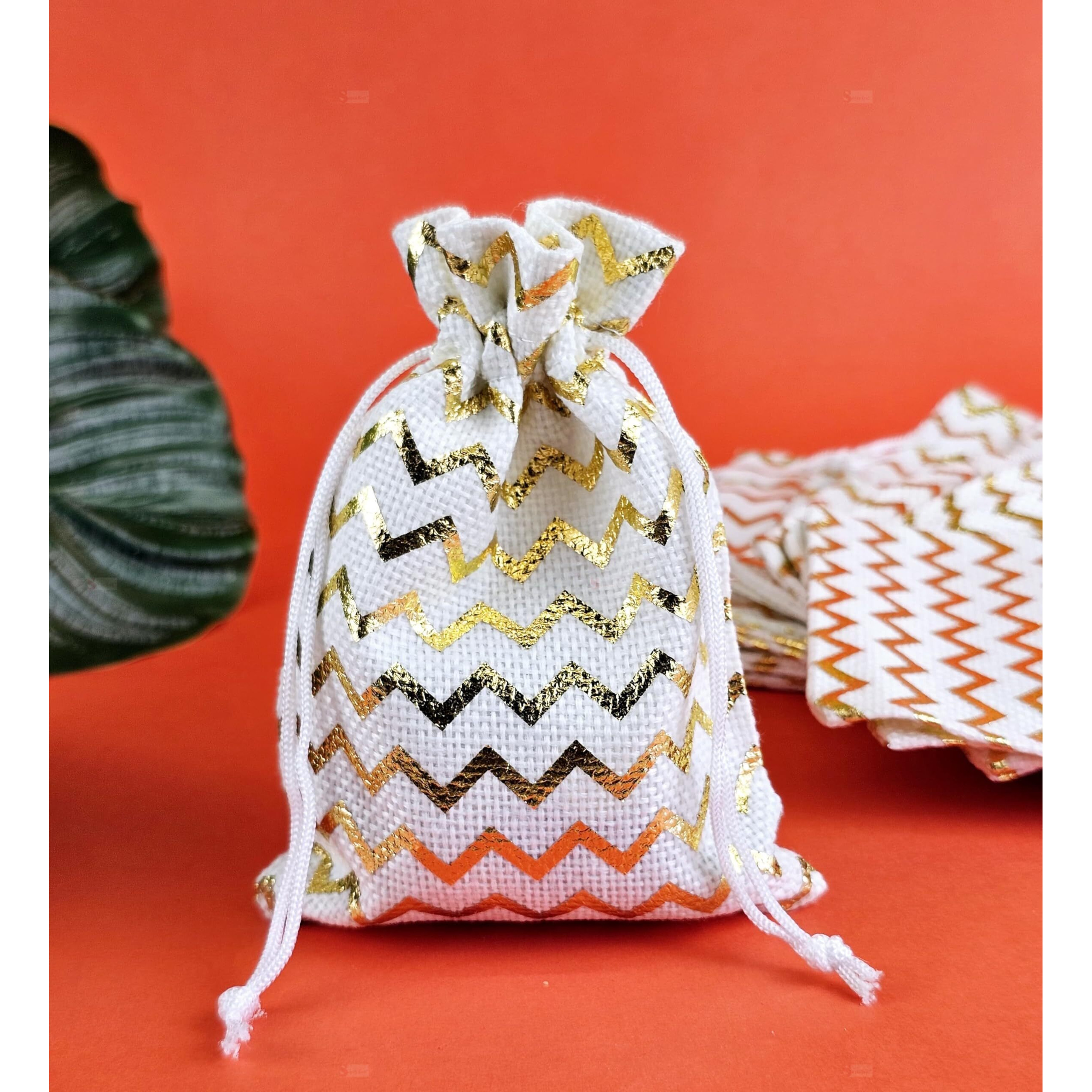 SATYAM KRAFT 10 pcs Golden Lines Drawstring stylish Storage Potli pouches for Jewelries, Money, Paper Notes Women Wallet, Gift Bags,rakshabandhan, Women handbag Shagun Pouch, Candy Bags,ganpati Puja