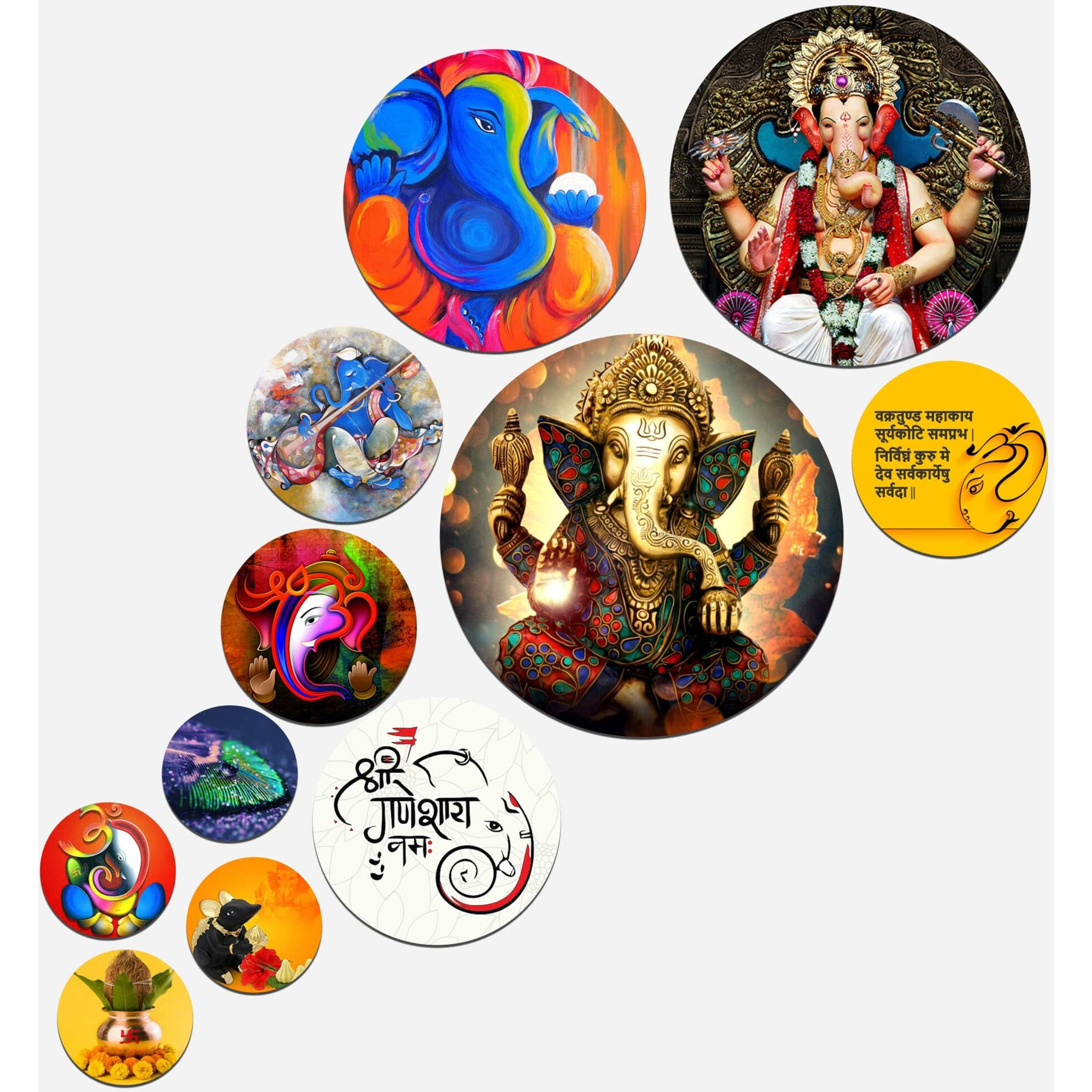Artvibes Ganesh Wooden Wall Hanging Decoration Item for Home Decor | Office | Gift | Wood Wall Decor for Living Room | Bedroom | Modern House Decorative Items (WPS_125N), Pack of 11 Pieces