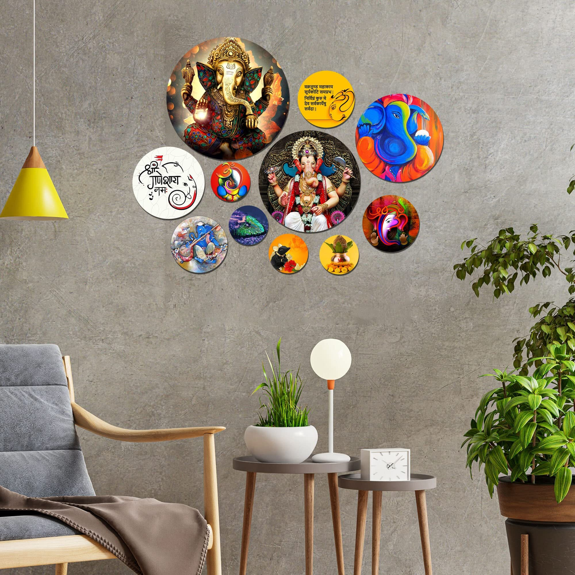 Artvibes Ganesh Wooden Wall Hanging Decoration Item for Home Decor | Office | Gift | Wood Wall Decor for Living Room | Bedroom | Modern House Decorative Items (WPS_125N), Pack of 11 Pieces