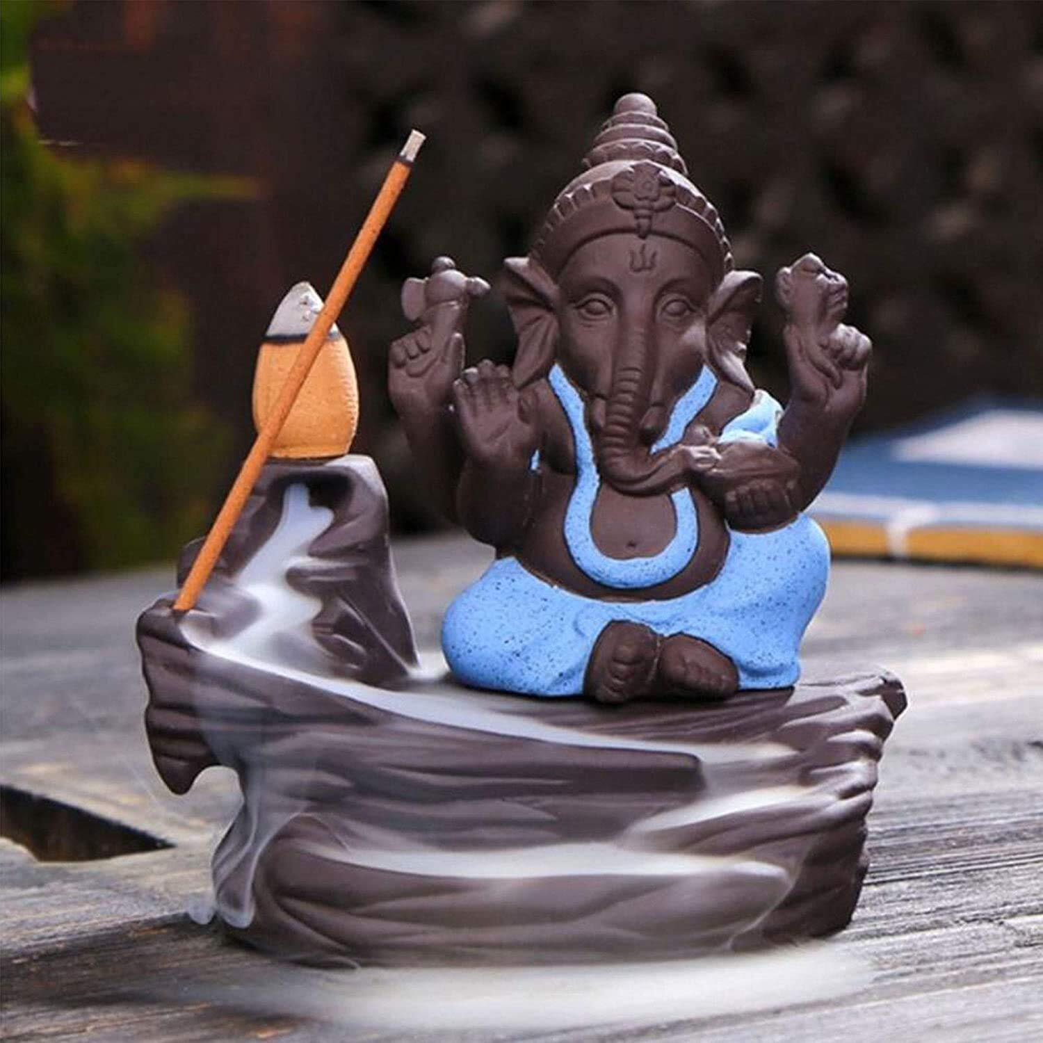 HC Villa Smoke Backflow Cone Incense Holder Decorative Showpiece with 10 Free Smoke Backflow Scented Cone Incenses (Ganesh Blue)(Resin, Conical)