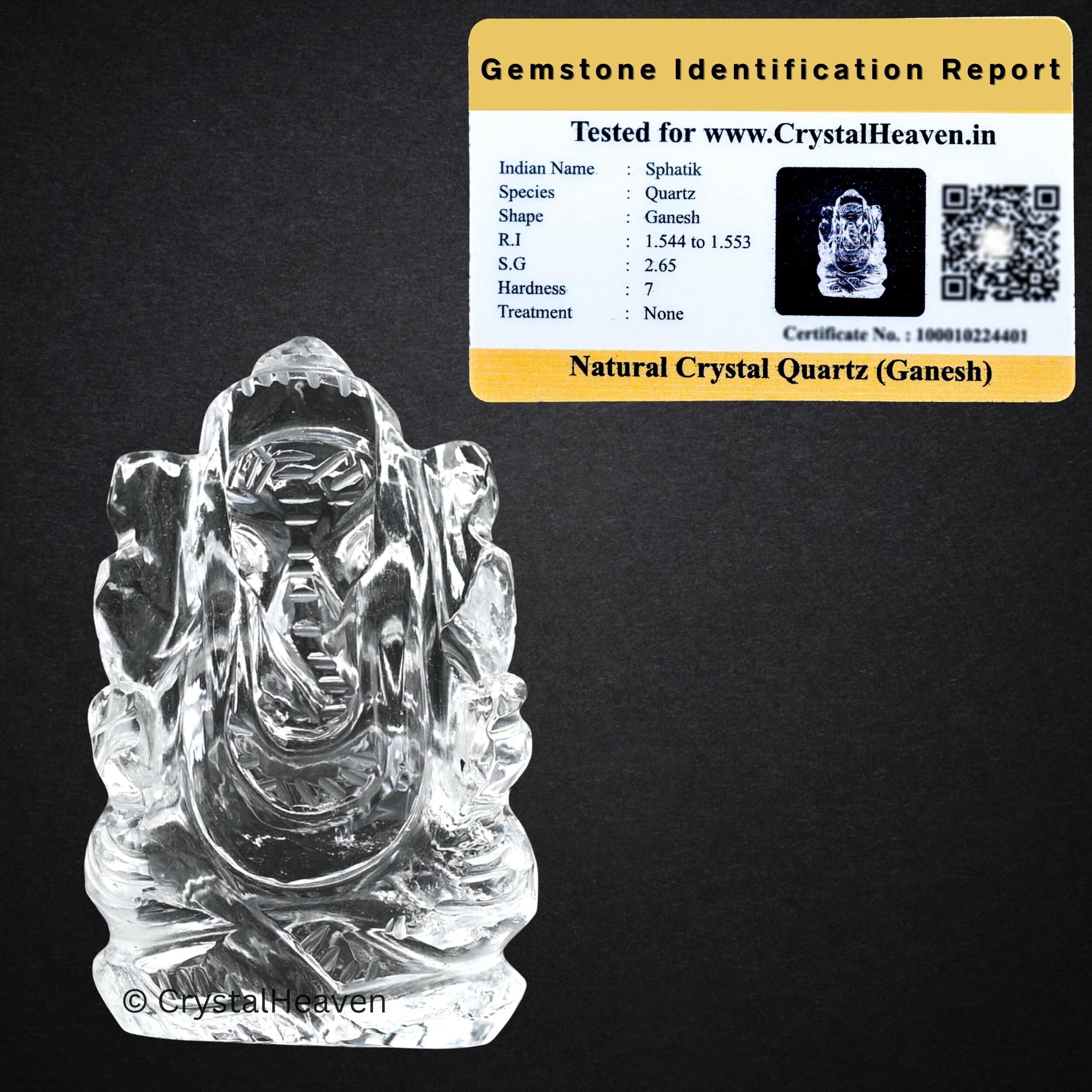 Crystal Heaven Sphatik Ganesh Original Certified Idol - AAA Grade Sphatik Healing Clear Quartz Crystal for Mediation Pooja (10-20 Gram)
