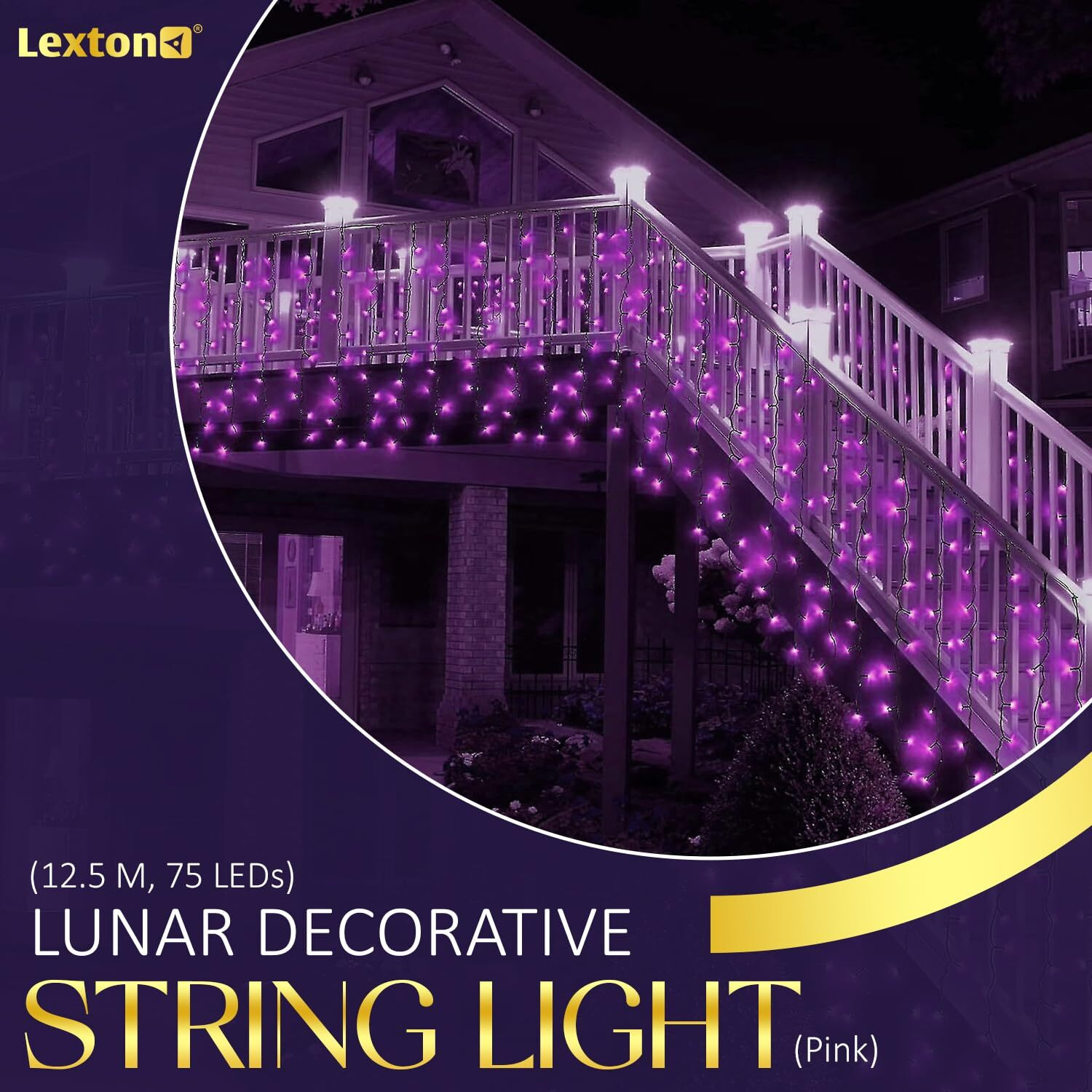 Lexton Lunar 12.5 Meter 75 LED String/Fairy Light | Plug Sourced | Suitable for Home & Outdoor Decoration, Diwali, Christmas, Wedding, Party, Lawn, Ganesh Chaturthi, Festival (Pack of 1, Pink)