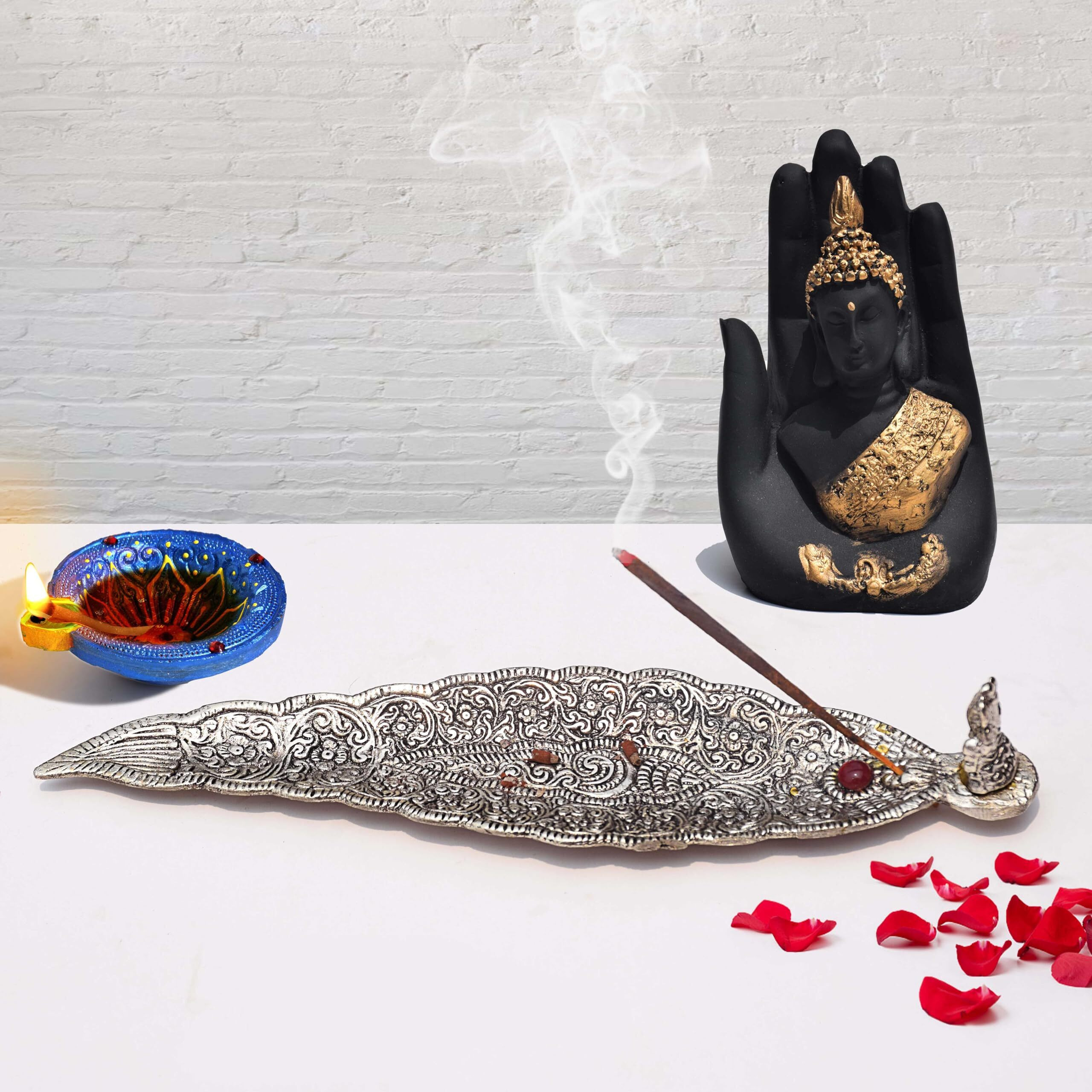 Pure Source India Aluminum Incense Holder & Ash Catcher Agarbatti Stand Featuring Ganesh Figurine (9x2 inch, Antique Silver)