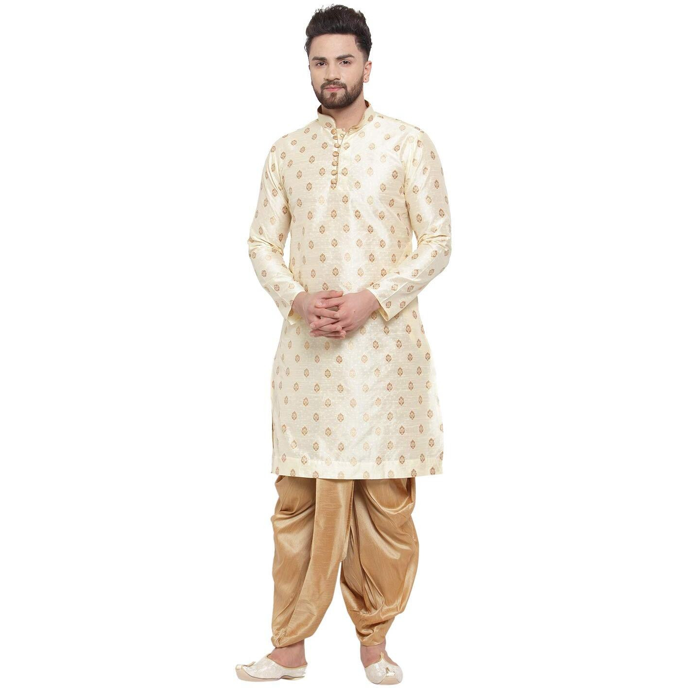 Larwa Ethnic Loop Button Ganesh Print Kurta Dhoti Set Beige,Size44